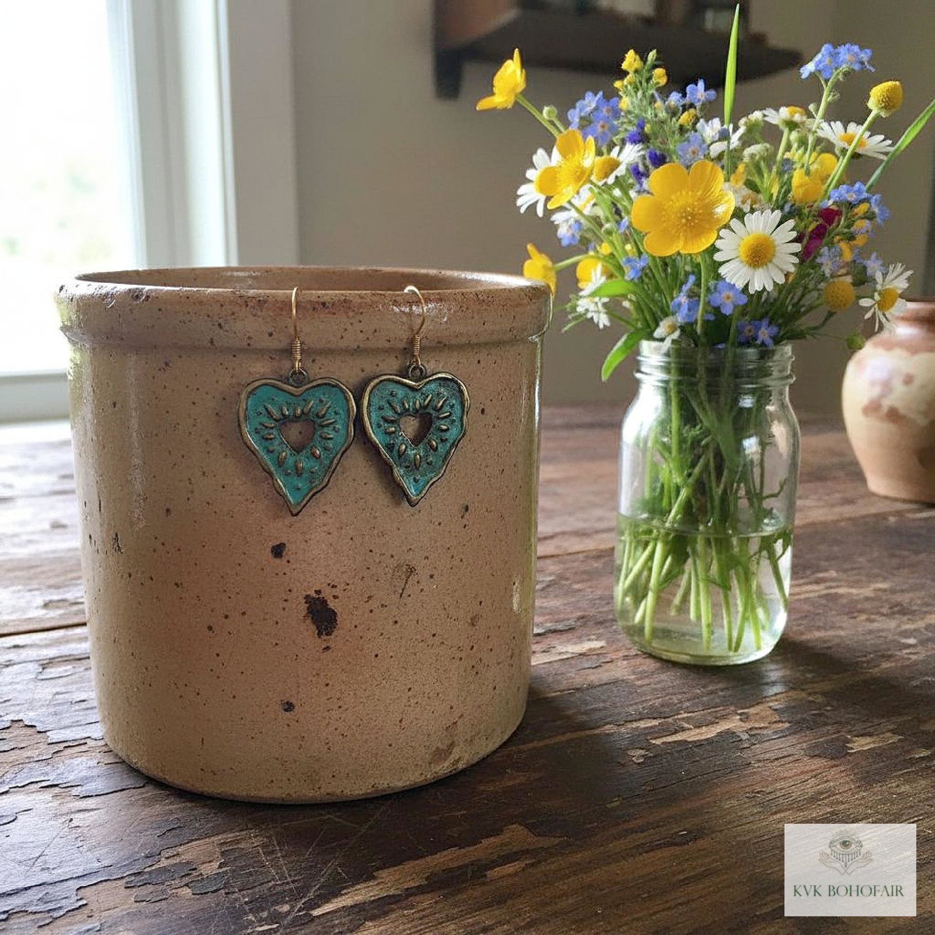 Rustic Patina Brass Heart Sunburst Earrings: Boho Jewelry