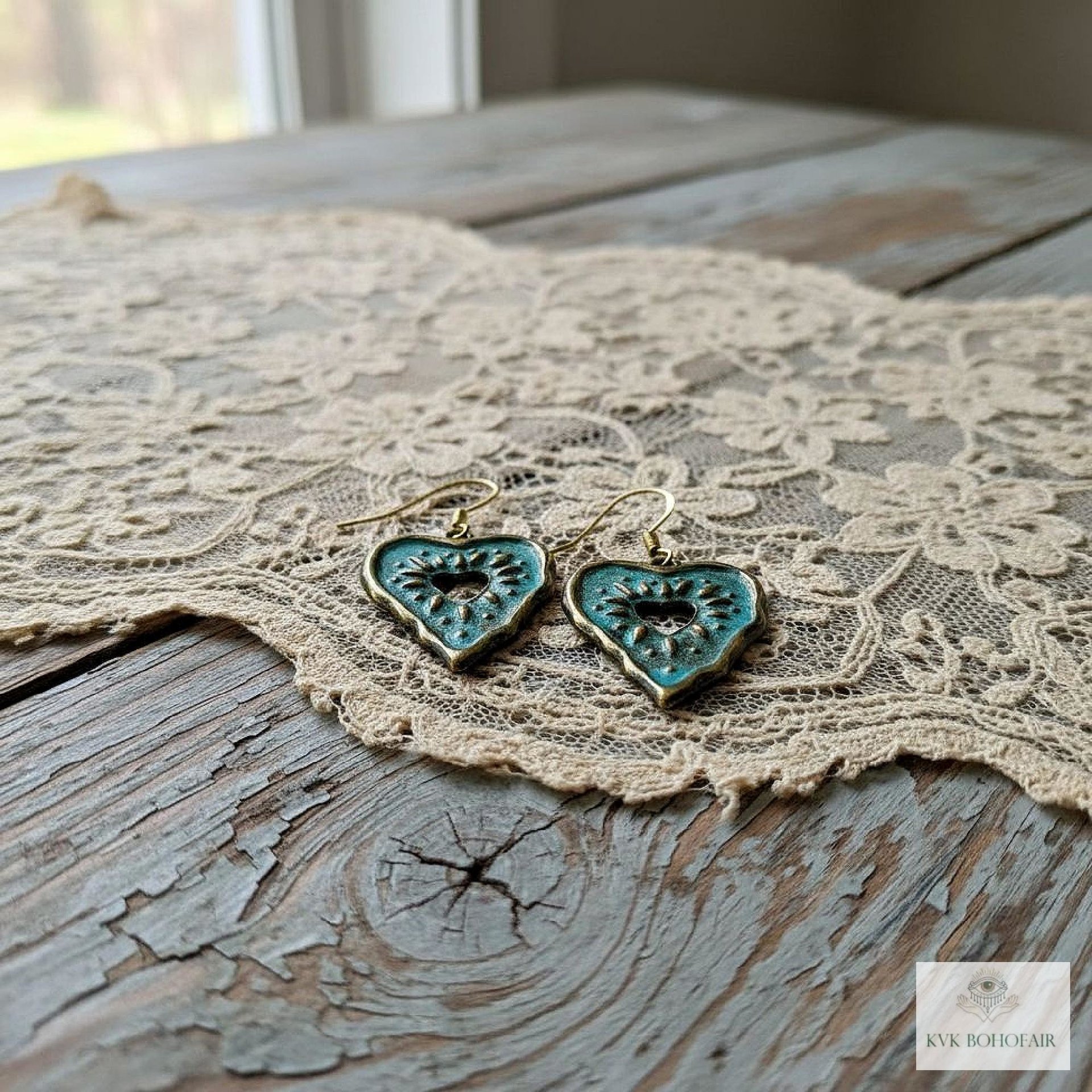 Rustic Patina Brass Heart Sunburst Earrings: Boho Jewelry