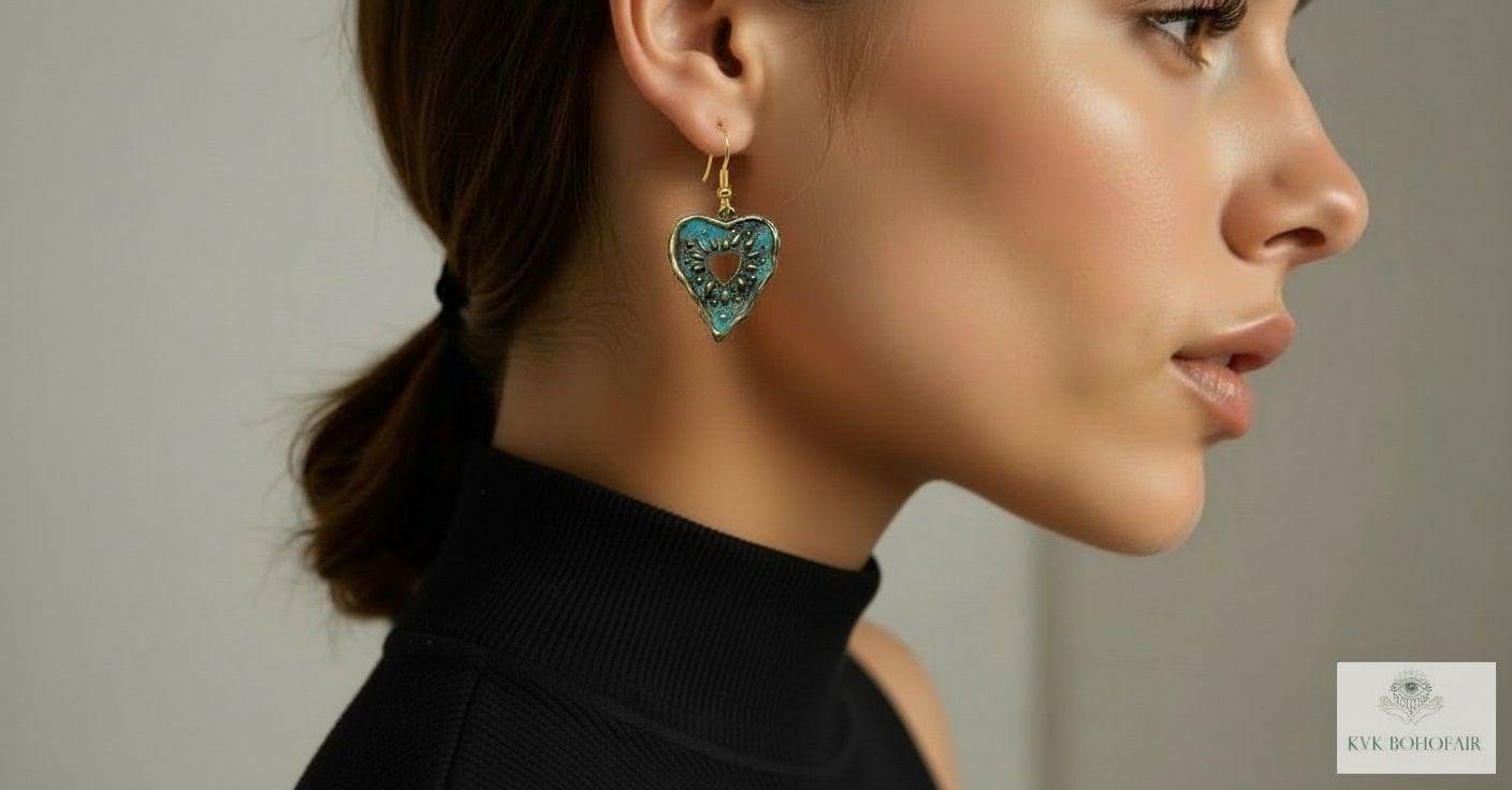 Rustic Patina Brass Heart Sunburst Earrings: Boho Jewelry