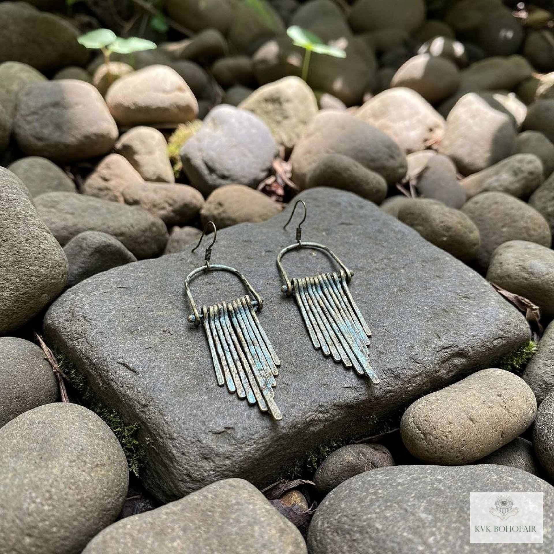 Fringe Earrings with Raw Brass Patina Finish - Handcrafted Boho Statement Jewelry
