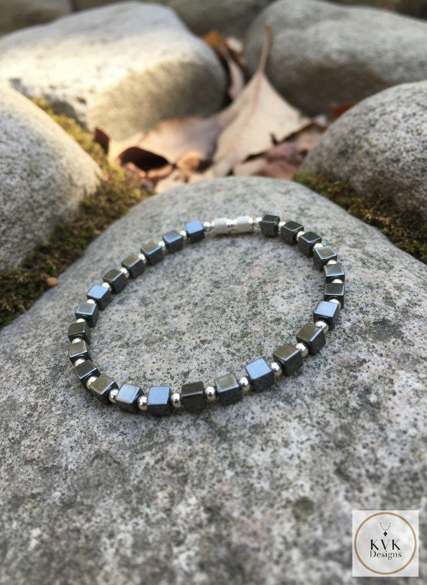 Hematite Cube Silver Bead Bracelet
