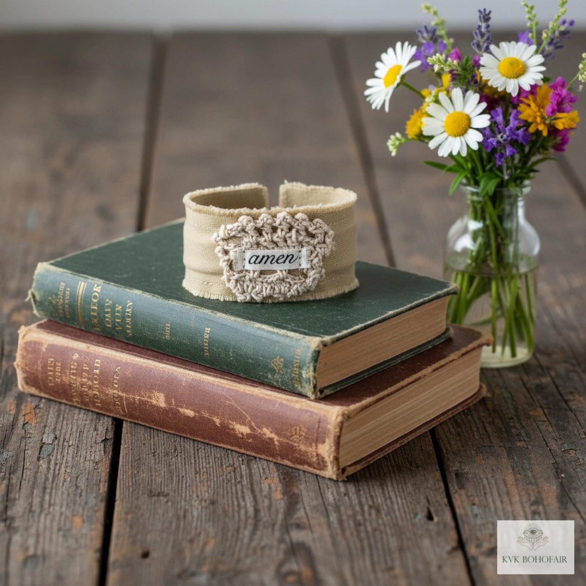 Amen Boho Cuff Bracelet – Cotton Fabric, Vintage Crochet, Button Closure