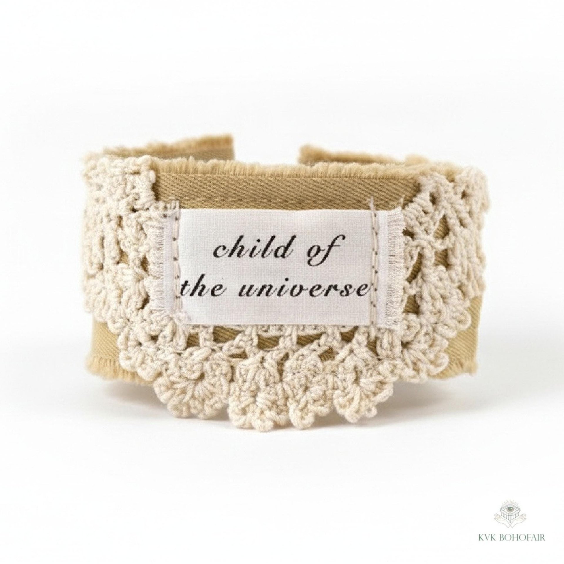Child of the Universe Boho Cuff Bracelet – Cotton Fabric, Vintage Crochet, Button Closure