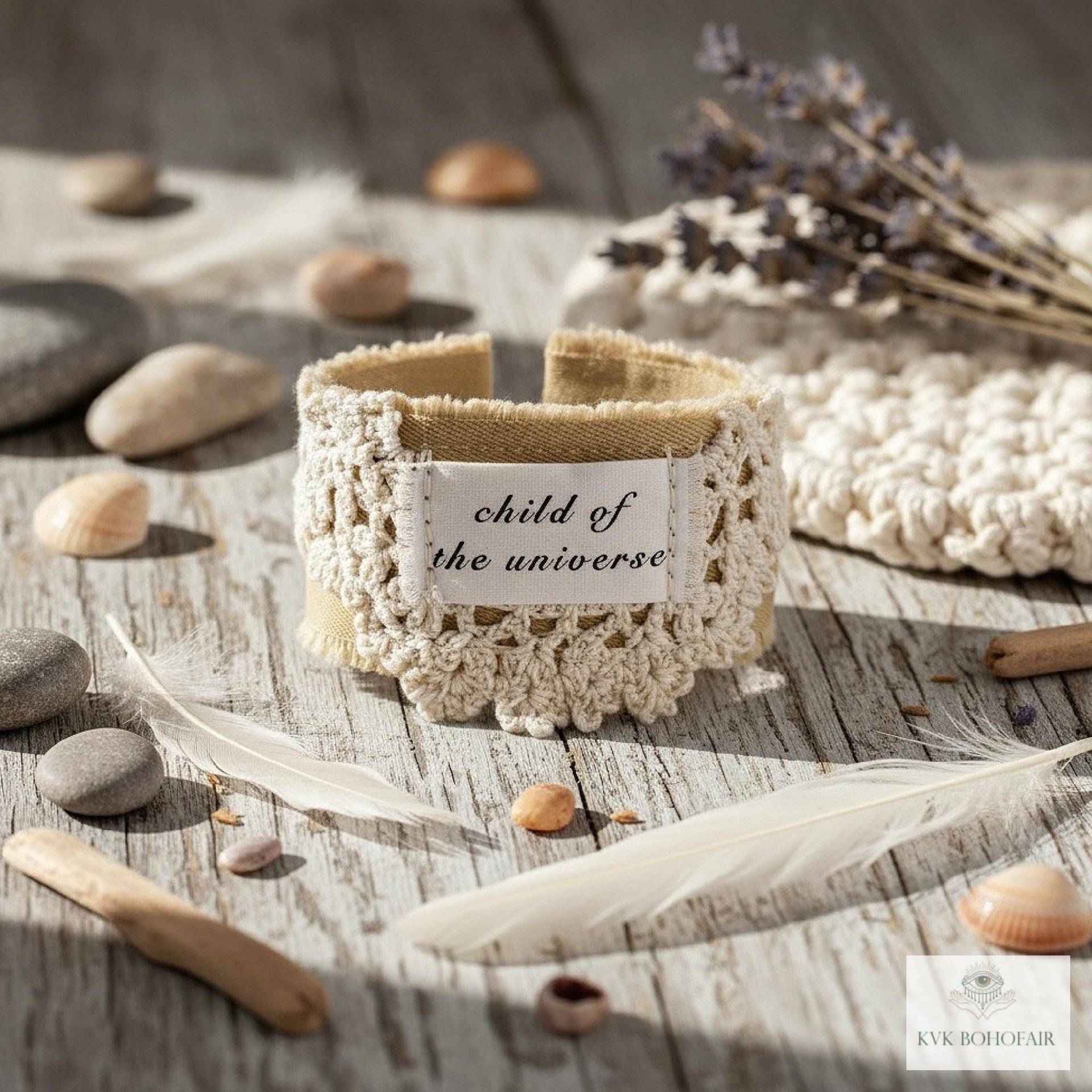 Child of the Universe Boho Cuff Bracelet – Cotton Fabric, Vintage Crochet, Button Closure