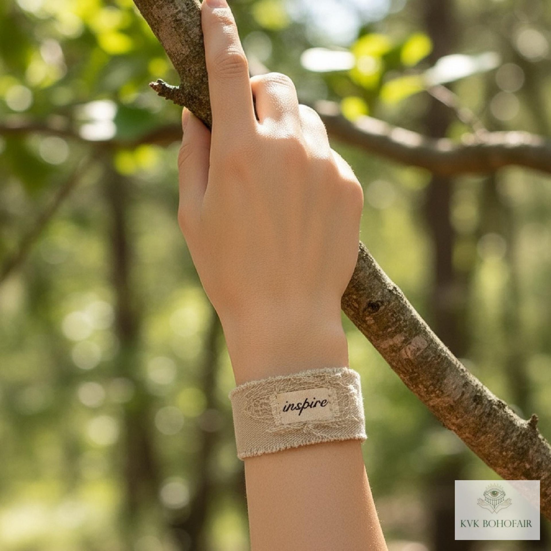 Inspire Boho Cuff Bracelet – Sandstone Cotton Fabric, Vintage Button Closure