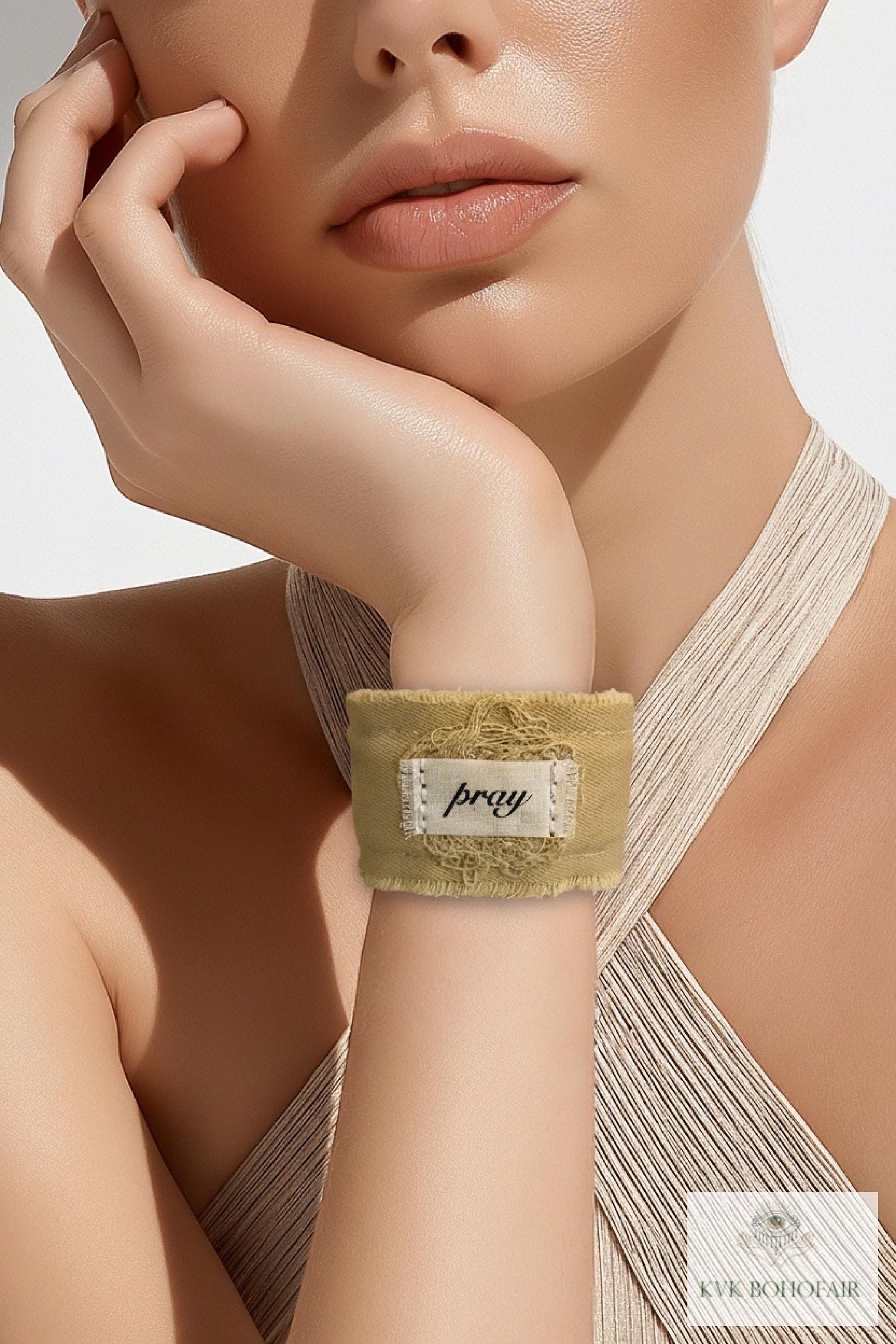 PRAY Boho Cuff Bracelet – Cotton Fabric, Vintage Crochet, Button Closure