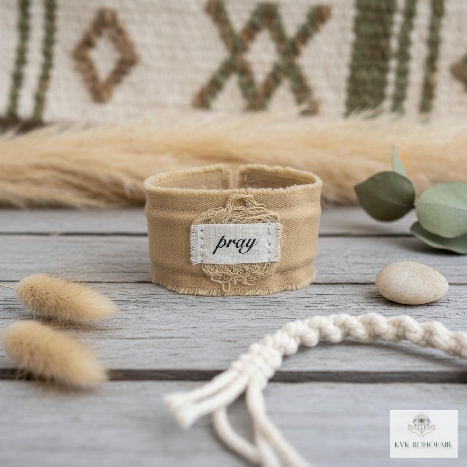 PRAY Boho Cuff Bracelet – Cotton Fabric, Vintage Crochet, Button Closure