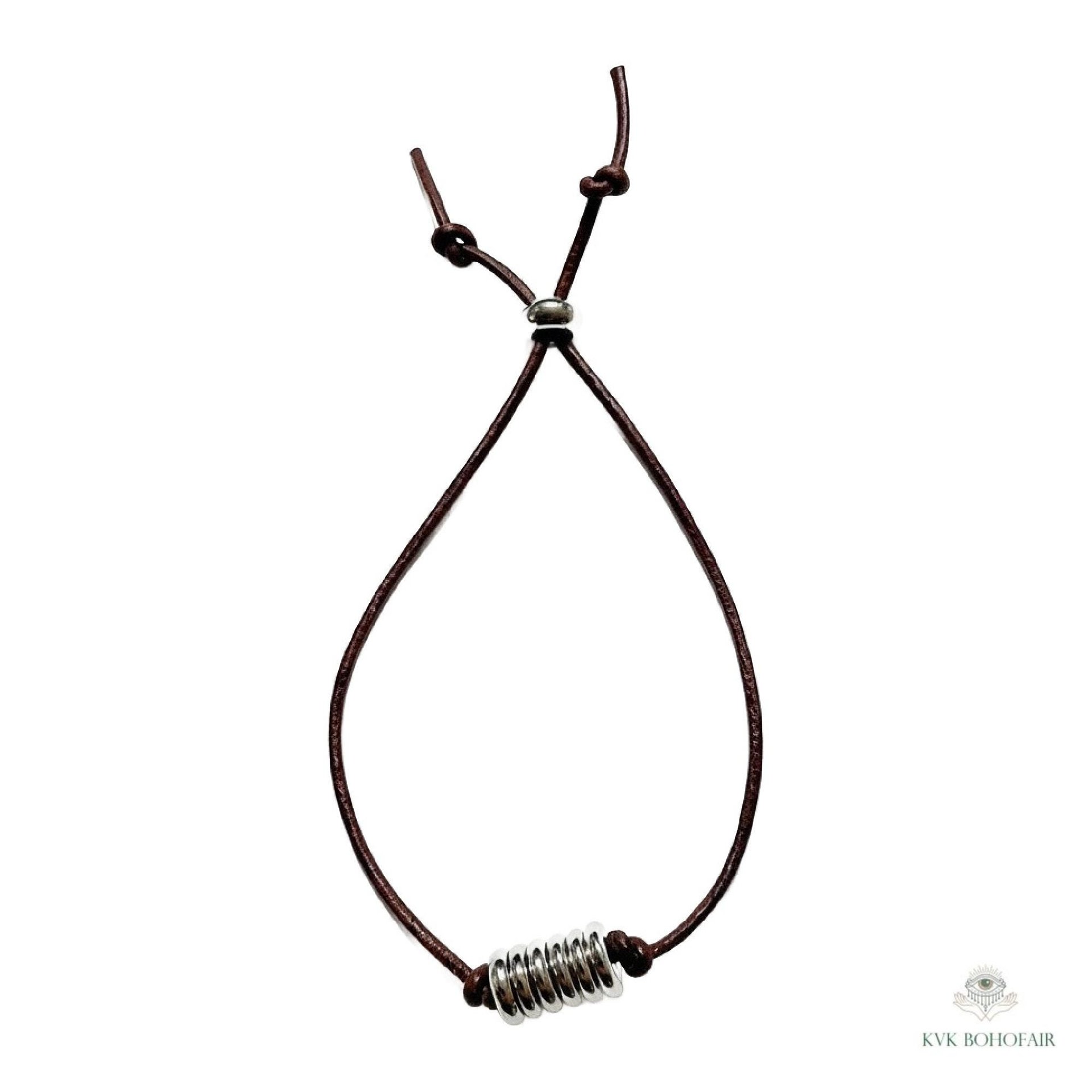 Boho Leather & Silver Bead Bracelet - Adjustable Minimalist Style
