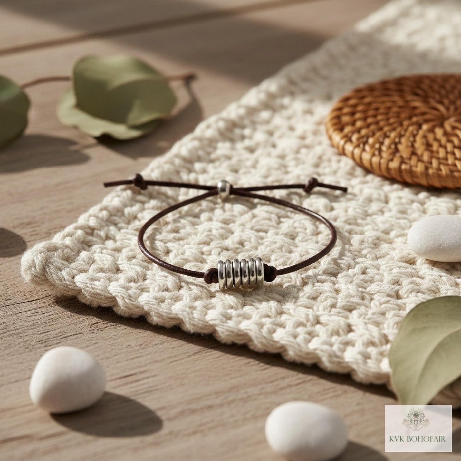 Boho Leather & Silver Bead Bracelet - Adjustable Minimalist Style