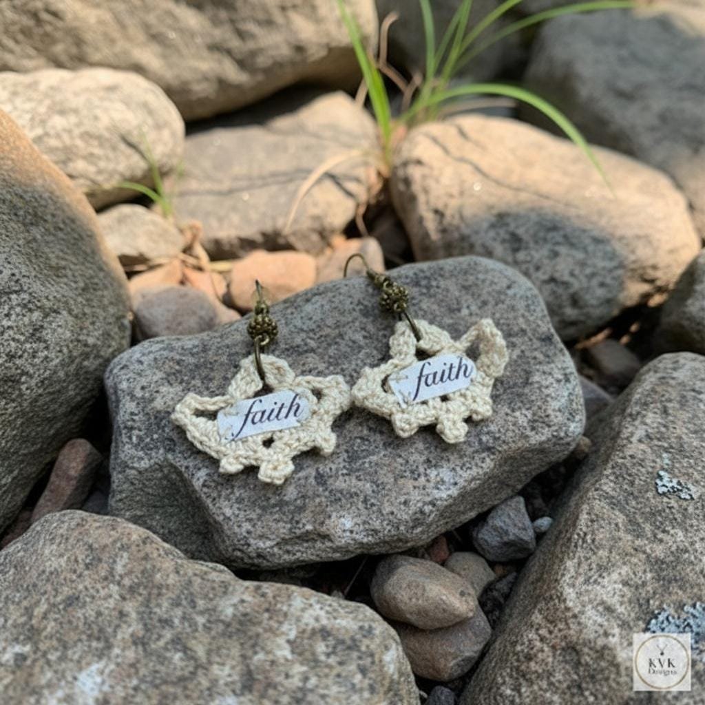 Crochet Dangle Earrings – Vintage Fabric, Inspirational "Faith" Boho Jewelry