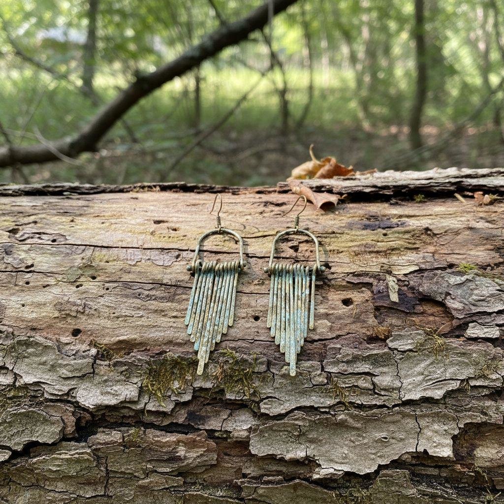 Fringe Earrings with Raw Brass Patina Finish - Handcrafted Boho Statement Jewelry