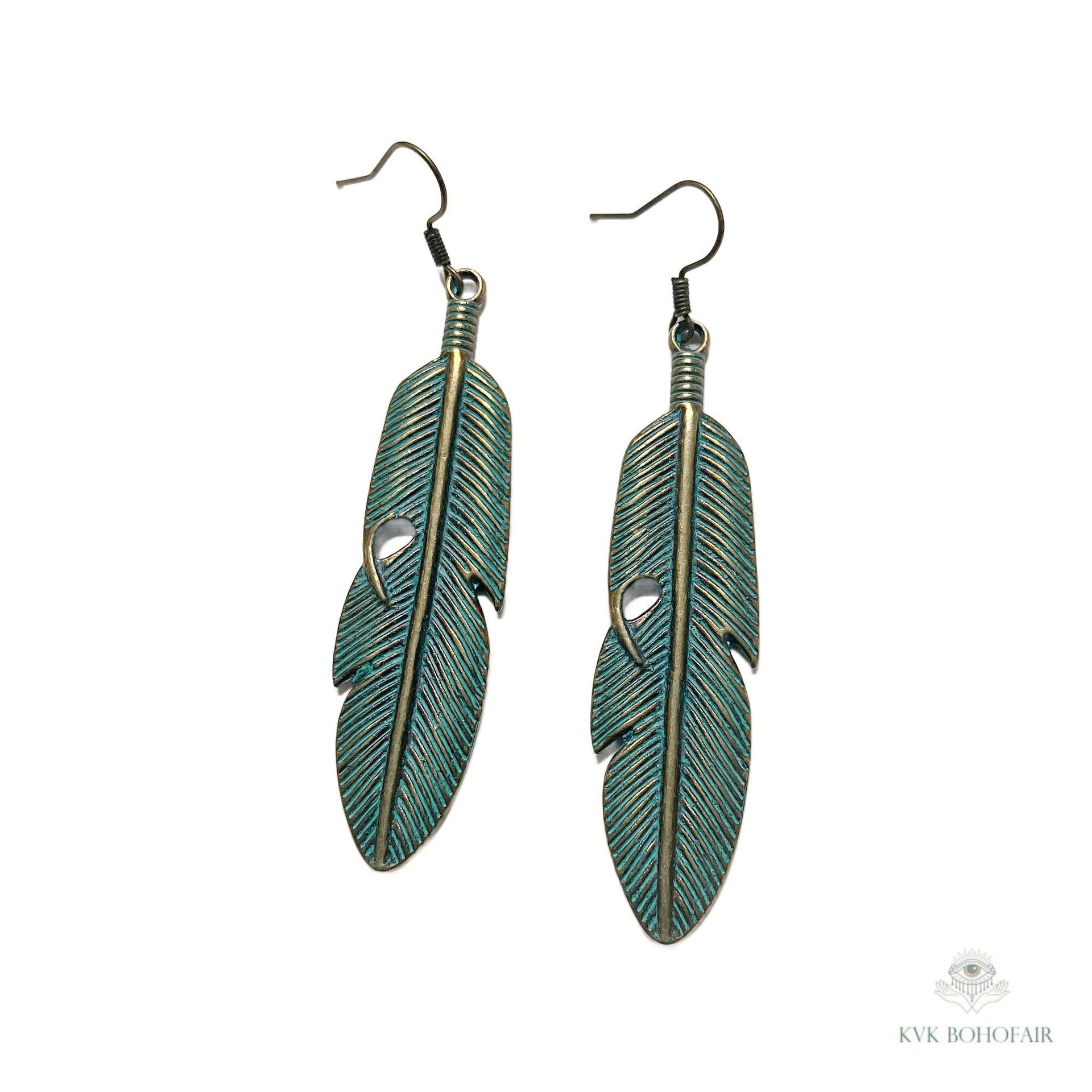 Patina Feather Earrings - Boho Statement Jewelry