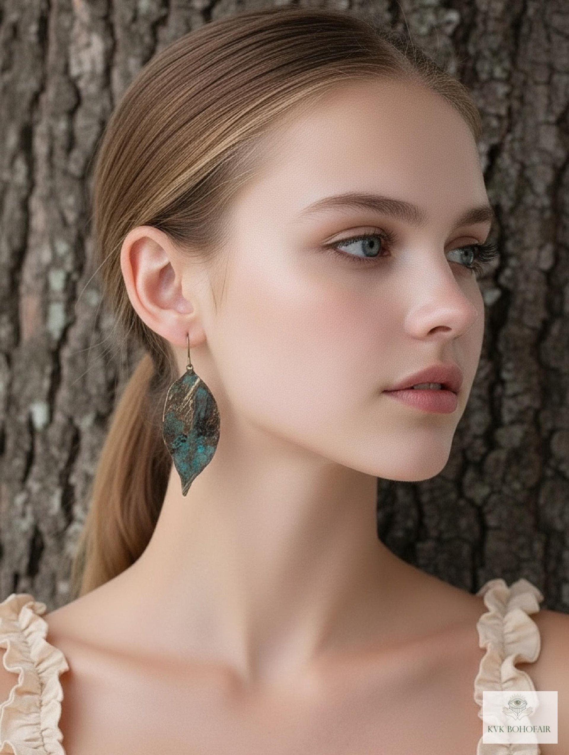 Patina Brass Leaf Earrings - Rustic Boho Jewelry