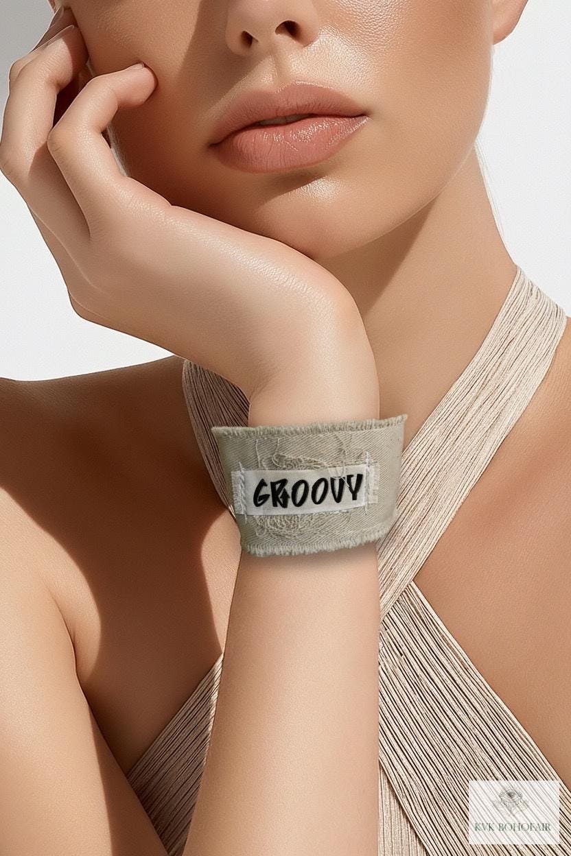 GROOVY Beige Fabric Cuff Bracelet - Vintage Button Textile Wristband