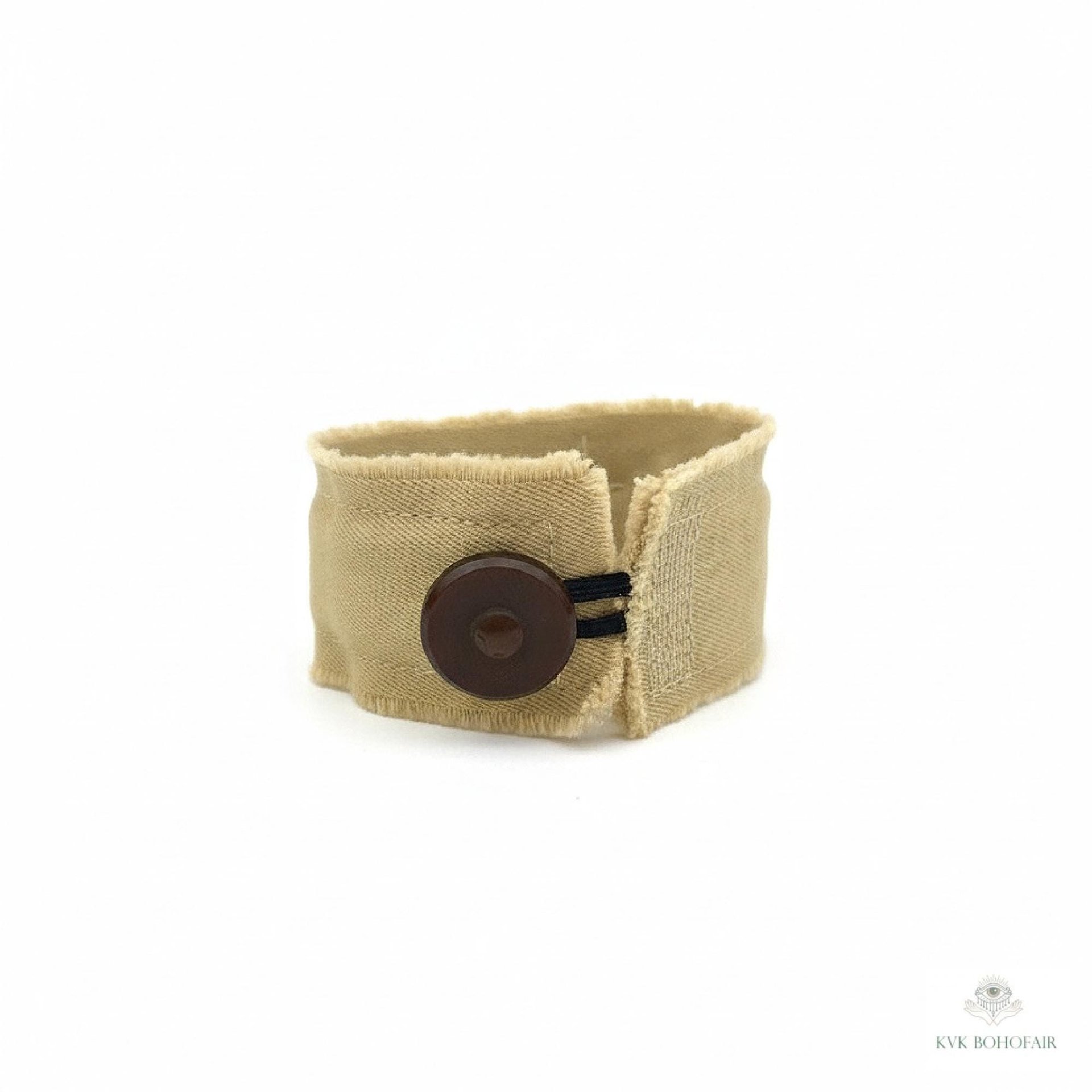 Amen Boho Cuff Bracelet – Cotton Fabric, Vintage Crochet, Button Closure
