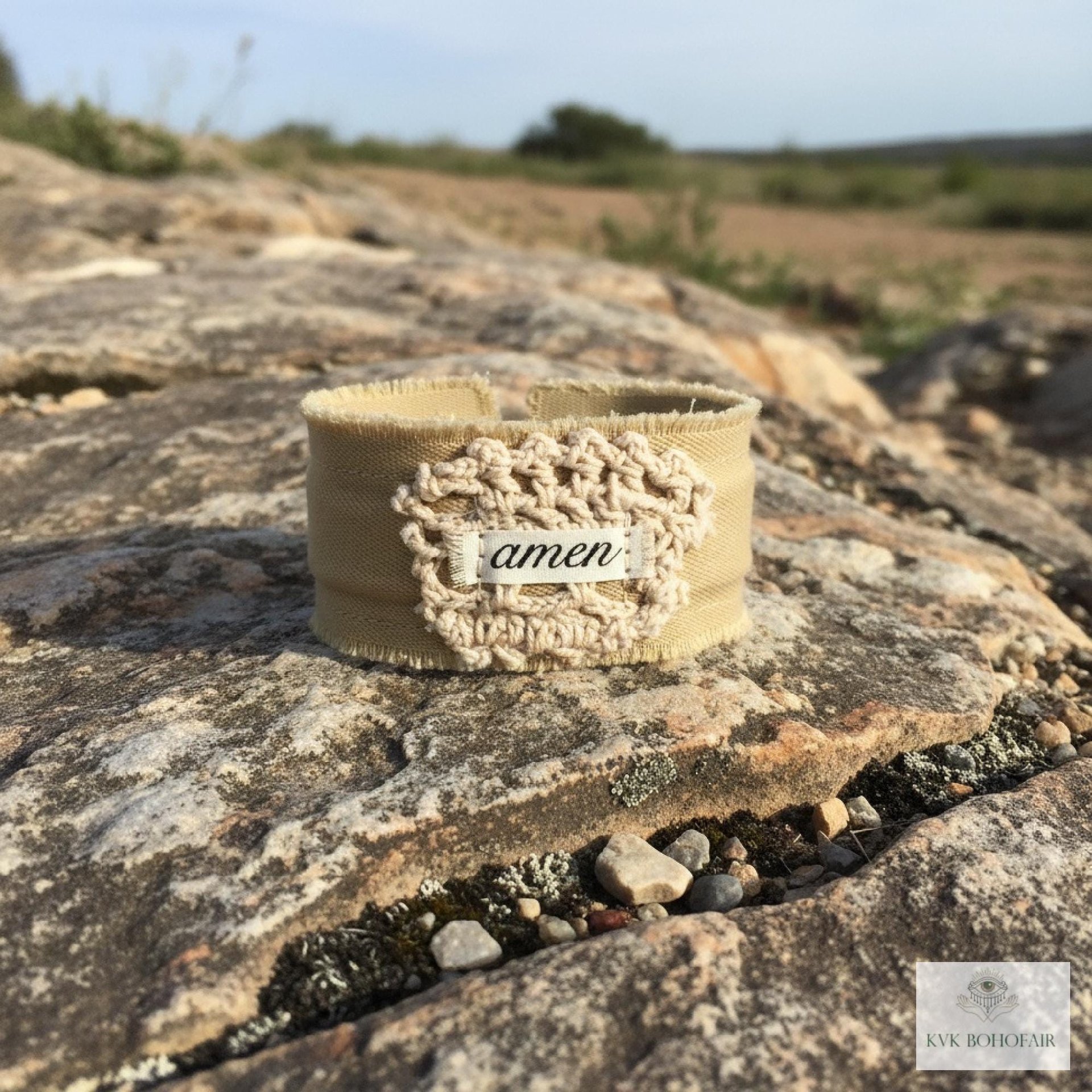 Amen Boho Cuff Bracelet – Cotton Fabric, Vintage Crochet, Button Closure