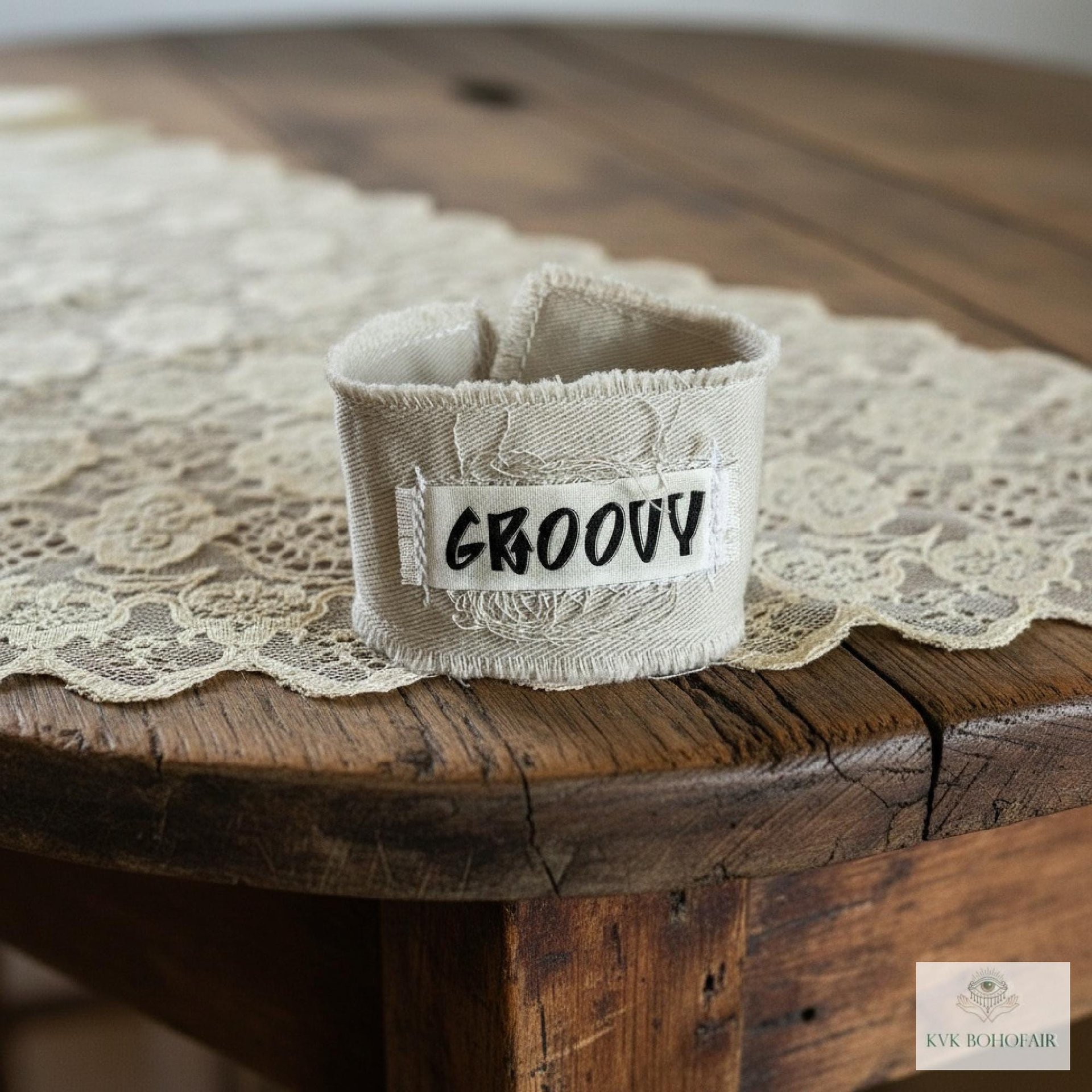GROOVY Beige Fabric Cuff Bracelet - Vintage Button Textile Wristband