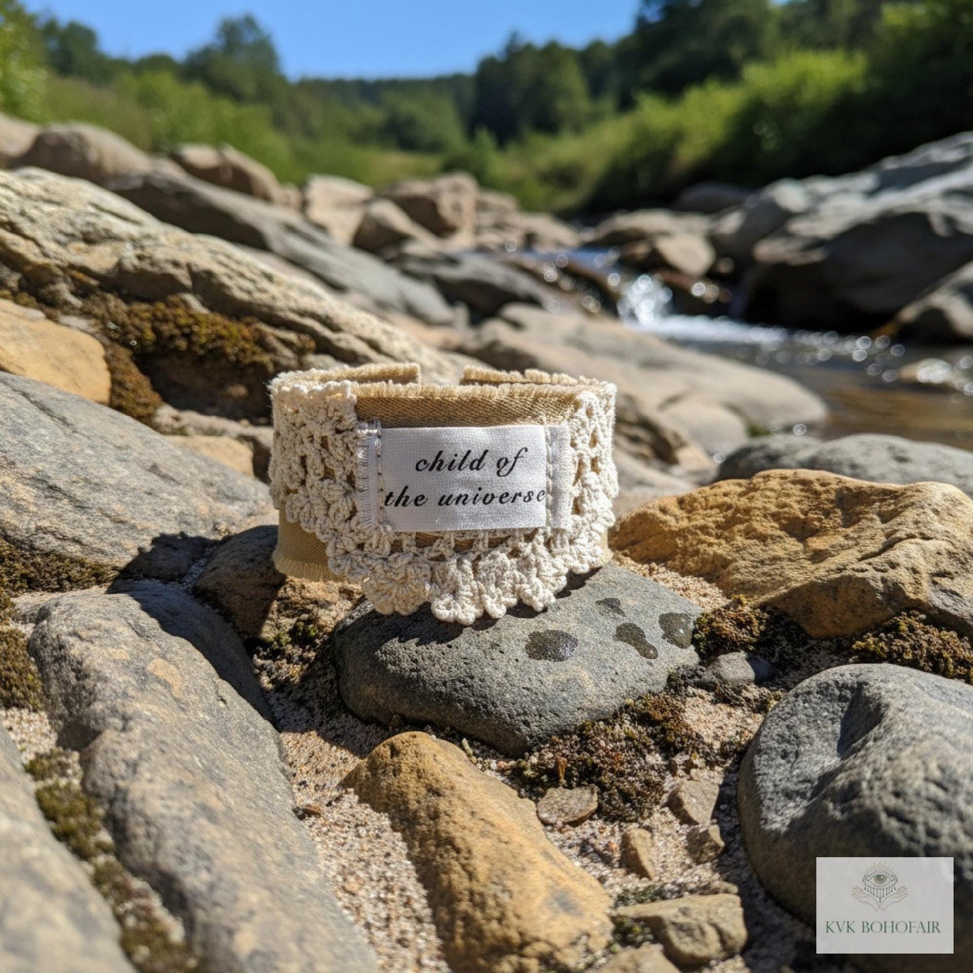 Child of the Universe Boho Cuff Bracelet – Cotton Fabric, Vintage Crochet, Button Closure