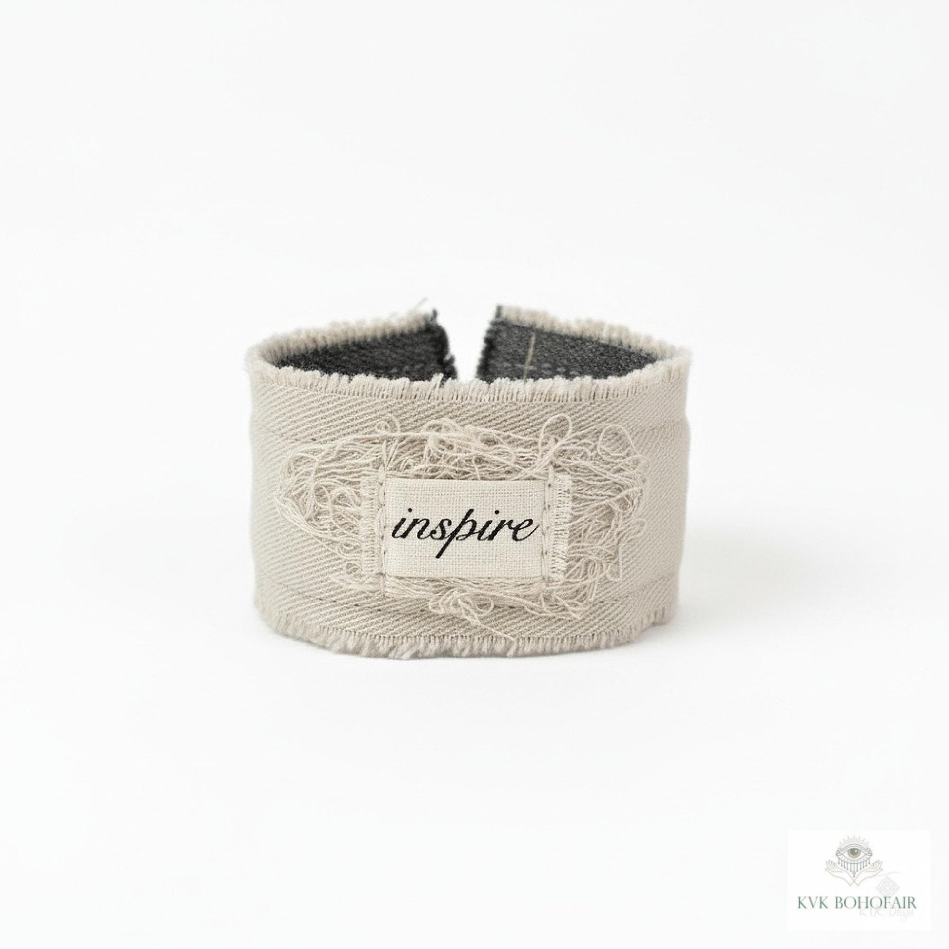 Inspire Boho Cuff Bracelet – Sandstone Cotton Fabric, Vintage Button Closure