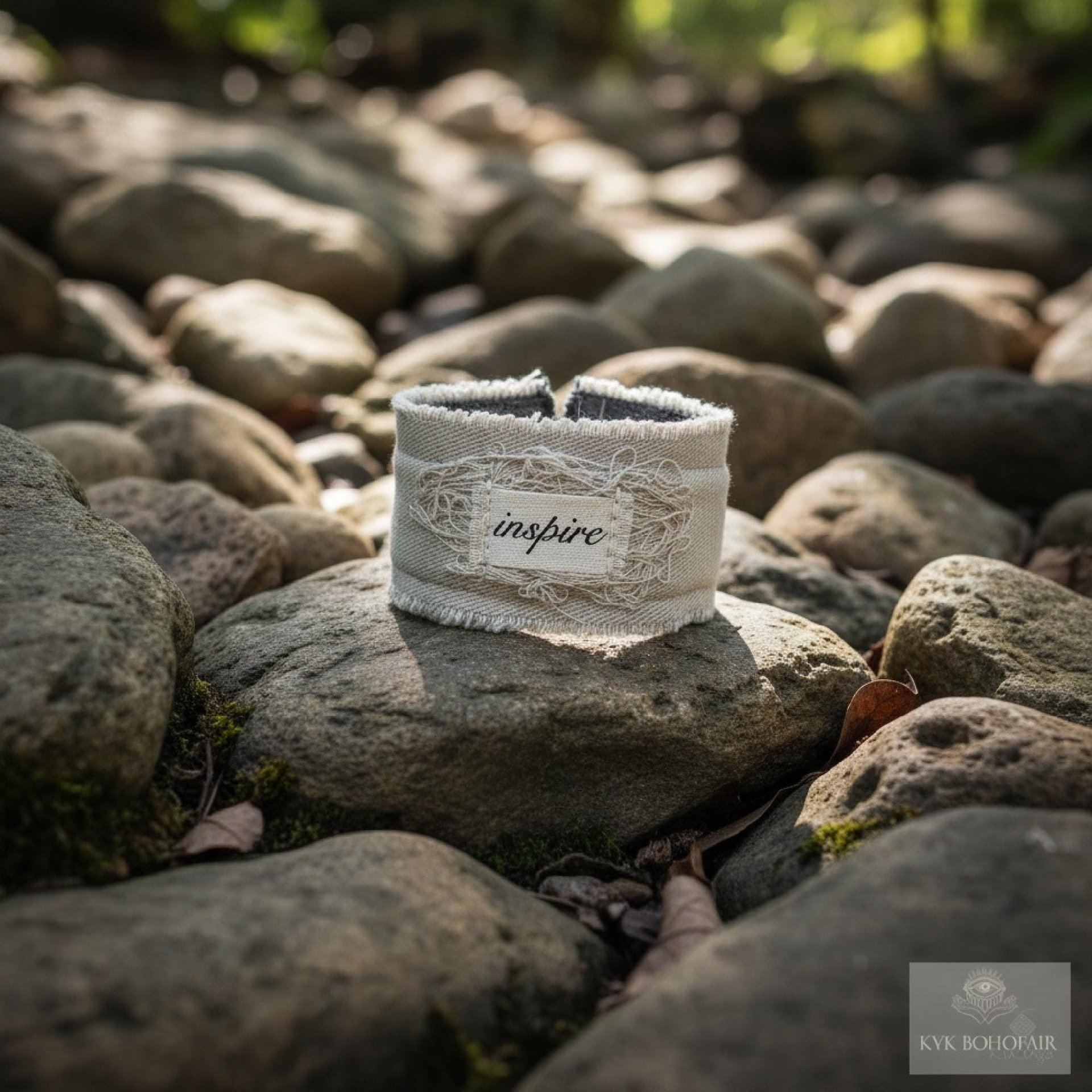 Inspire Boho Cuff Bracelet – Sandstone Cotton Fabric, Vintage Button Closure