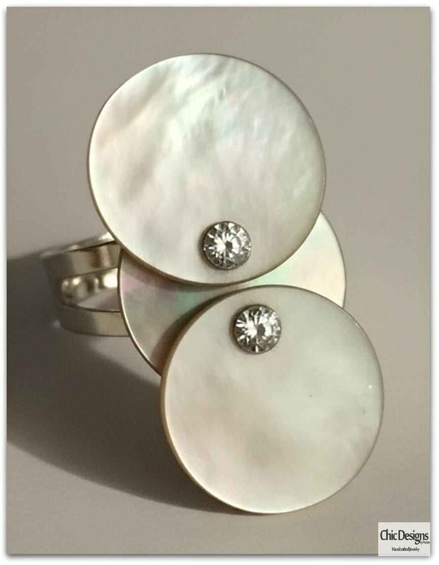 Blue/Gray Mother of Pearl Three Circular Ring Accented with Swarovski Rhinestones