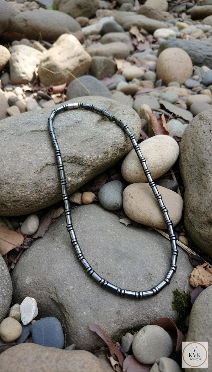 Men's Magnetic Hematite Cylinder Bead Necklace