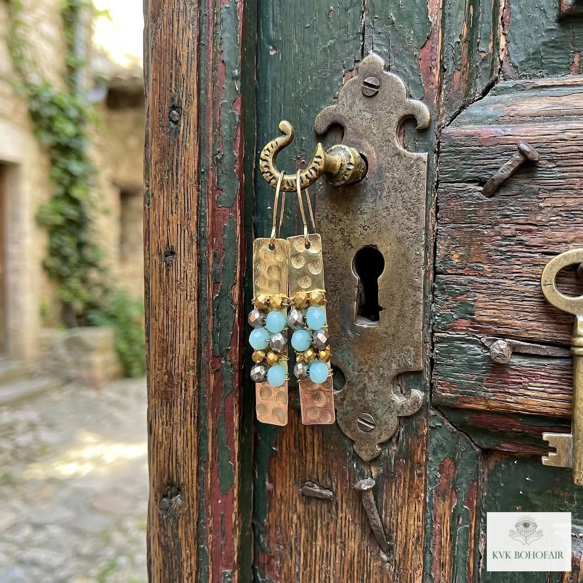 Boho Gold Bar Earrings with Beaded Accents & Wire Wrapping - Handcrafted Mixed Media Jewelry