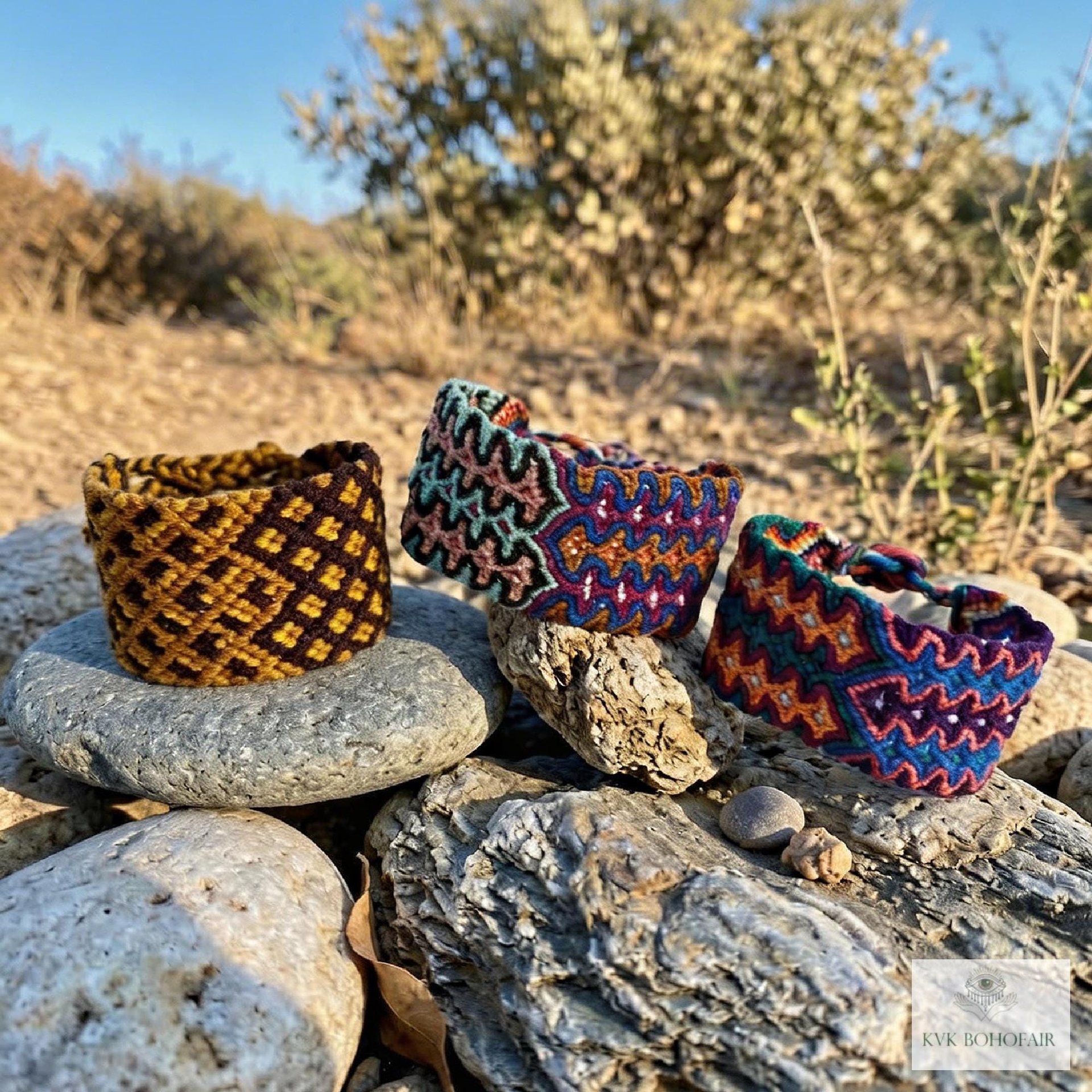 Boho Wide Woven Cotton Cuff Bracelet - Adjustable Fabric Wristband
