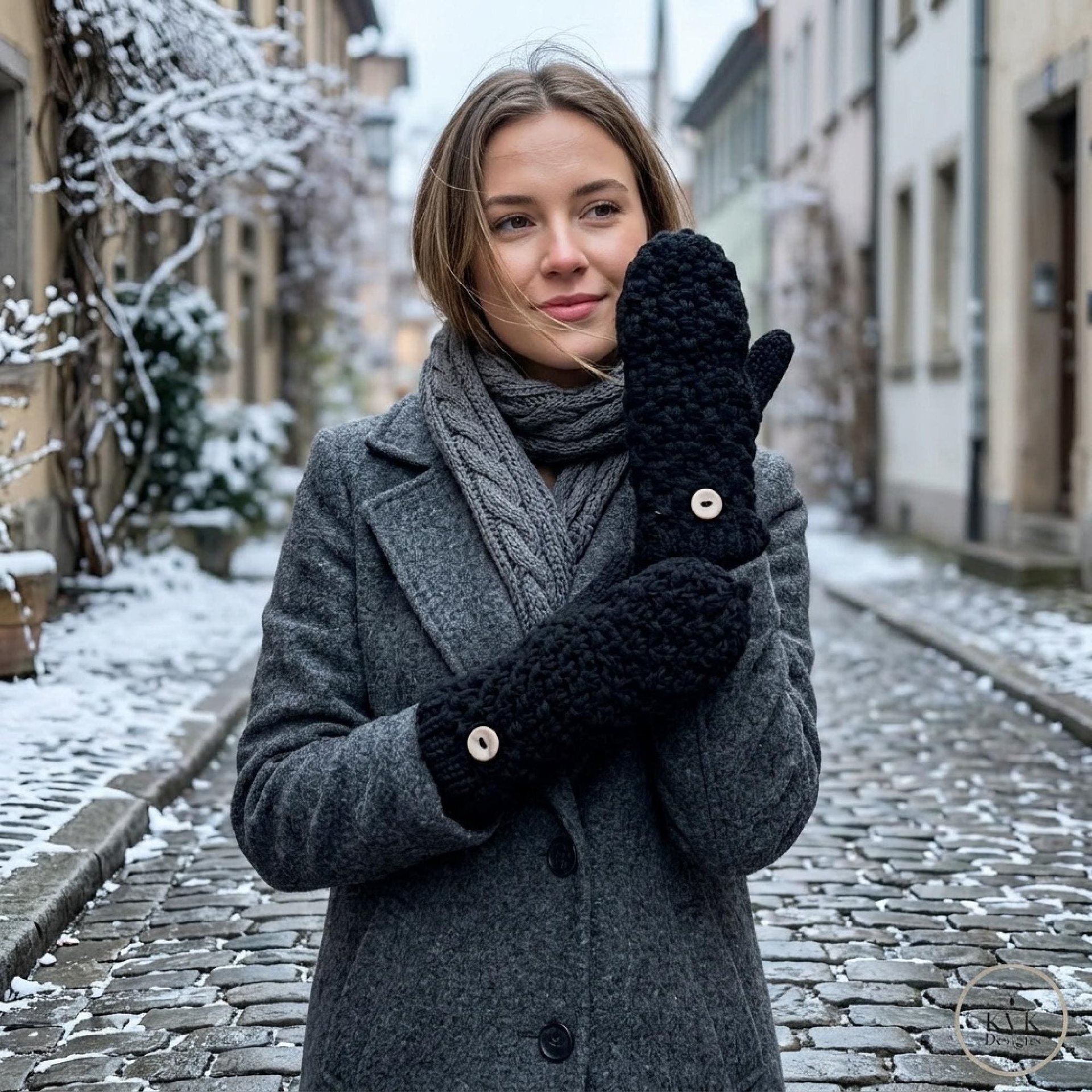Hand-Knit Black Wool Mittens with Wooden Buttons - Convertible Fingerless Gloves
