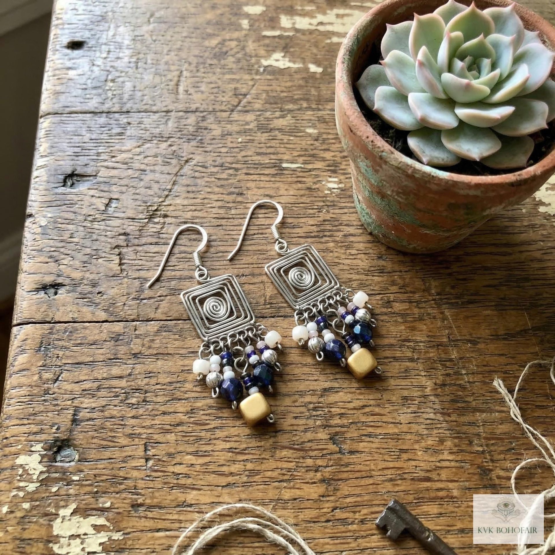 Handcrafted Square Wire and Bead Dangle Earrings - Chic Bohemian Jewelry