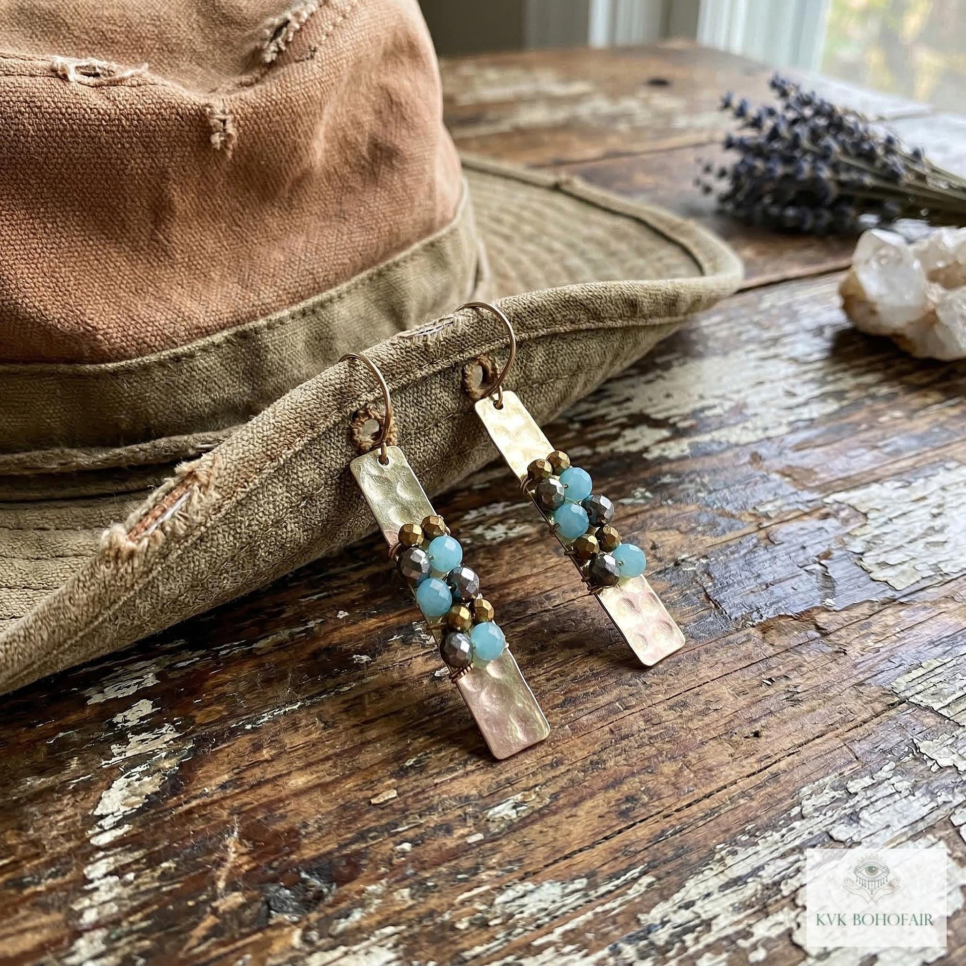 Boho Gold Bar Earrings with Beaded Accents & Wire Wrapping - Handcrafted Mixed Media Jewelry
