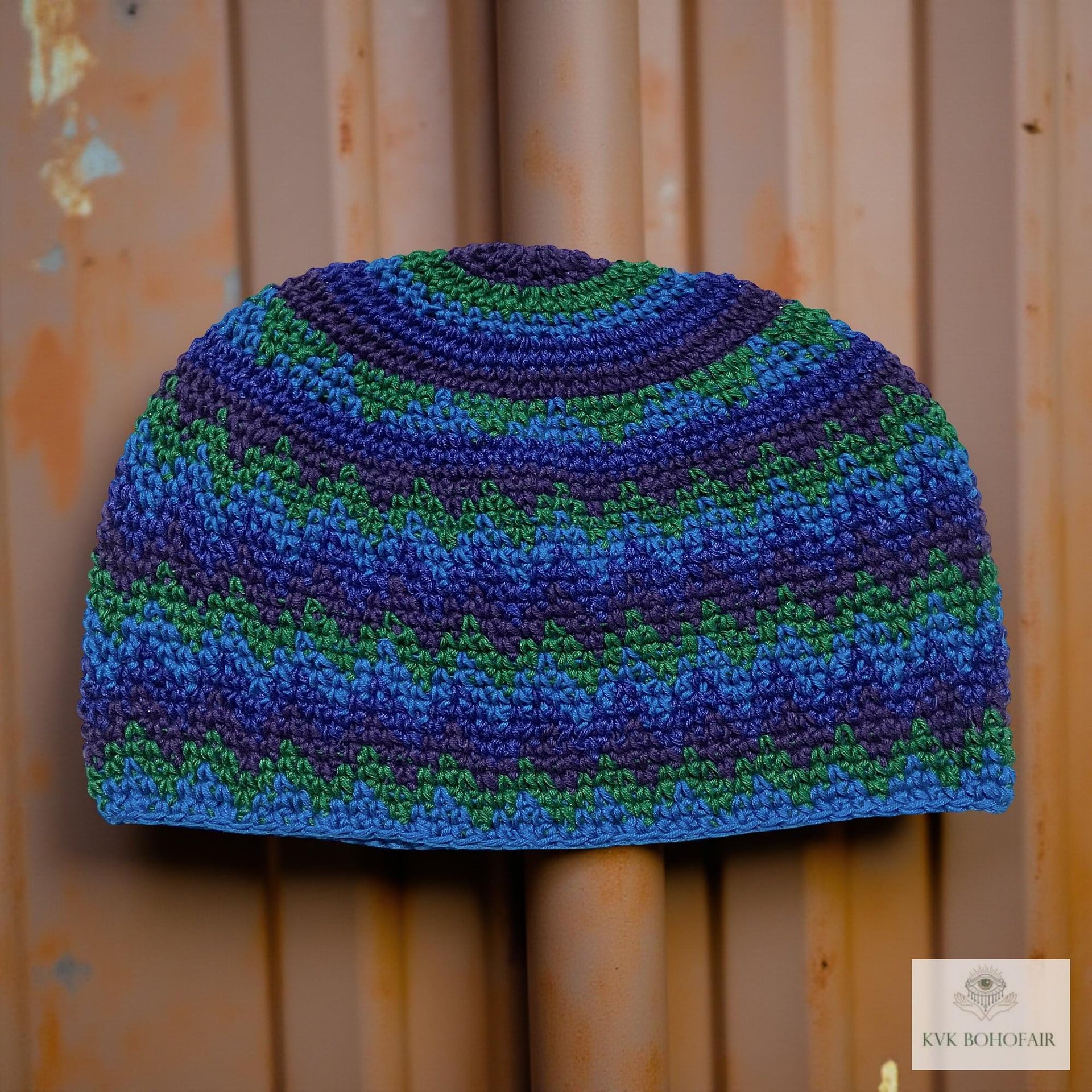 Blue Zig Zag Kufi Skull Cap - Crocheted Beanie Hat, Ethically sourced