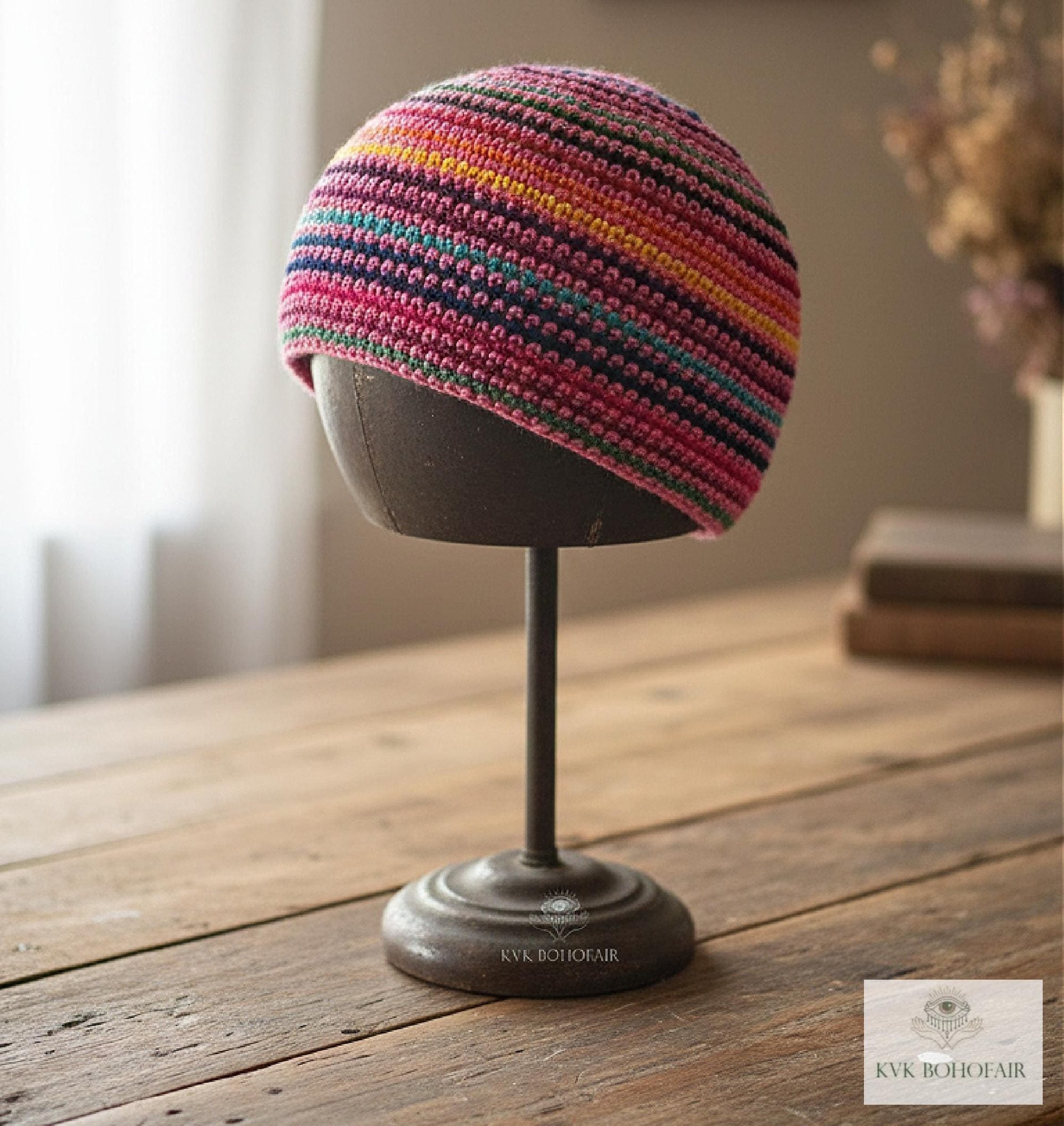 Pink Stripe Kufi Skull Cap - Crocheted Beanie Hat, Ethically sourced