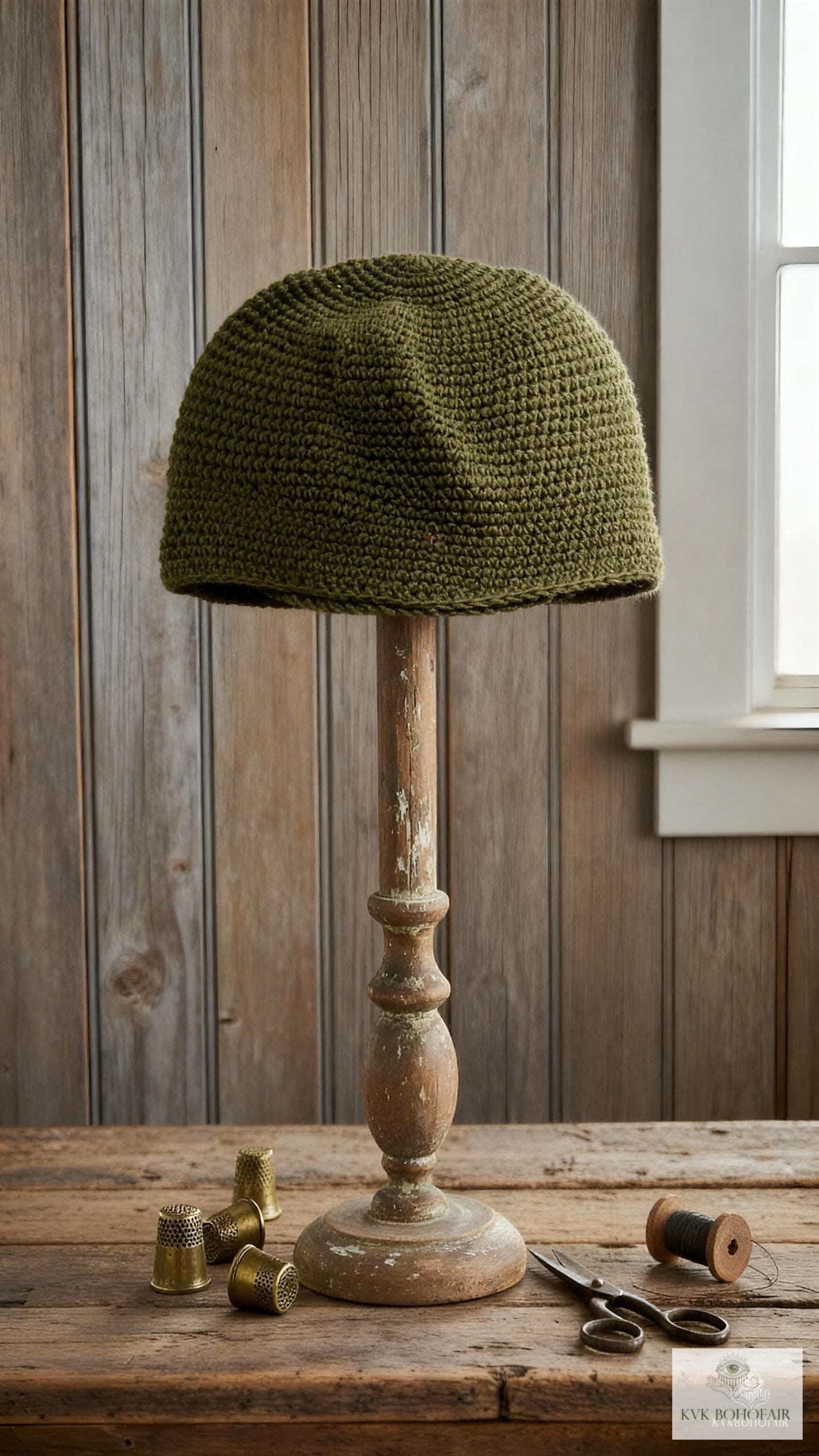 Olive Green Kufi Skull Cap - Crocheted Beanie Hat, Ethically sourced