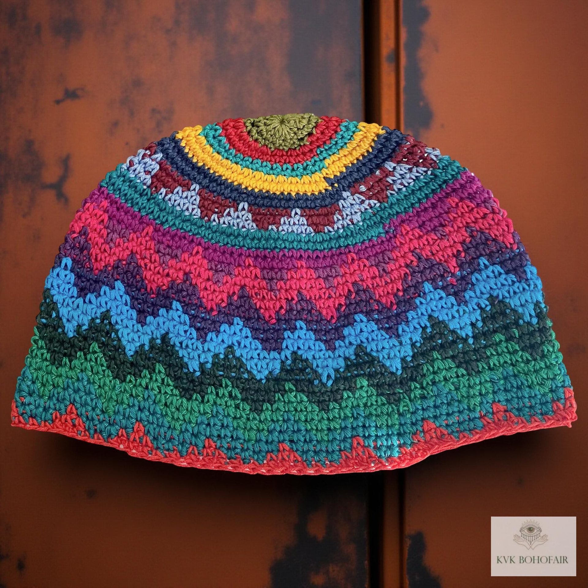 Rainbow Kufi Skull Cap - Crocheted Beanie Hat, Ethically sourced
