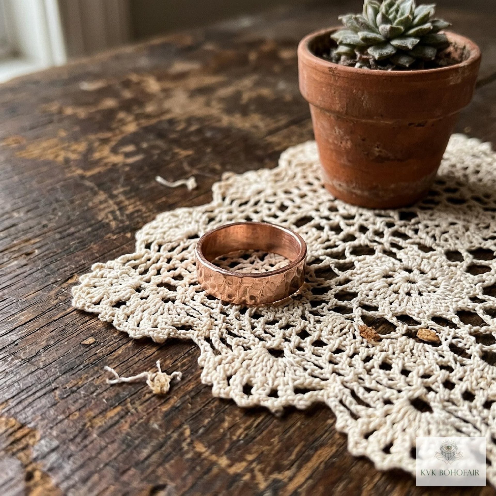 4.7 mm Copper Ring - Rustic Hammered Band, Unique Boho Style Jewelry