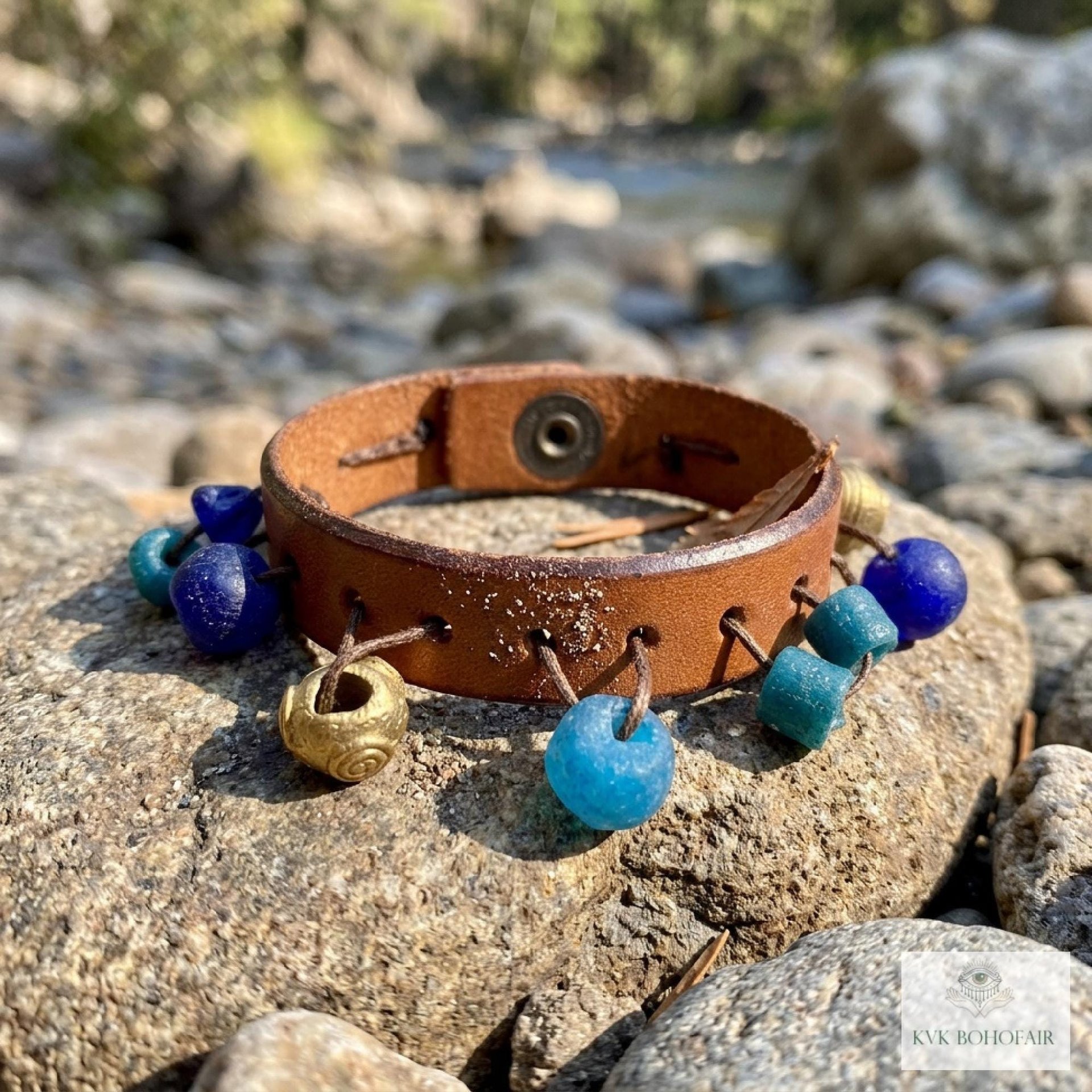 Handcrafted Boho Leather Cuff with Brass and Glass Beads - Hippie Fashion, Bohemian Jewelry