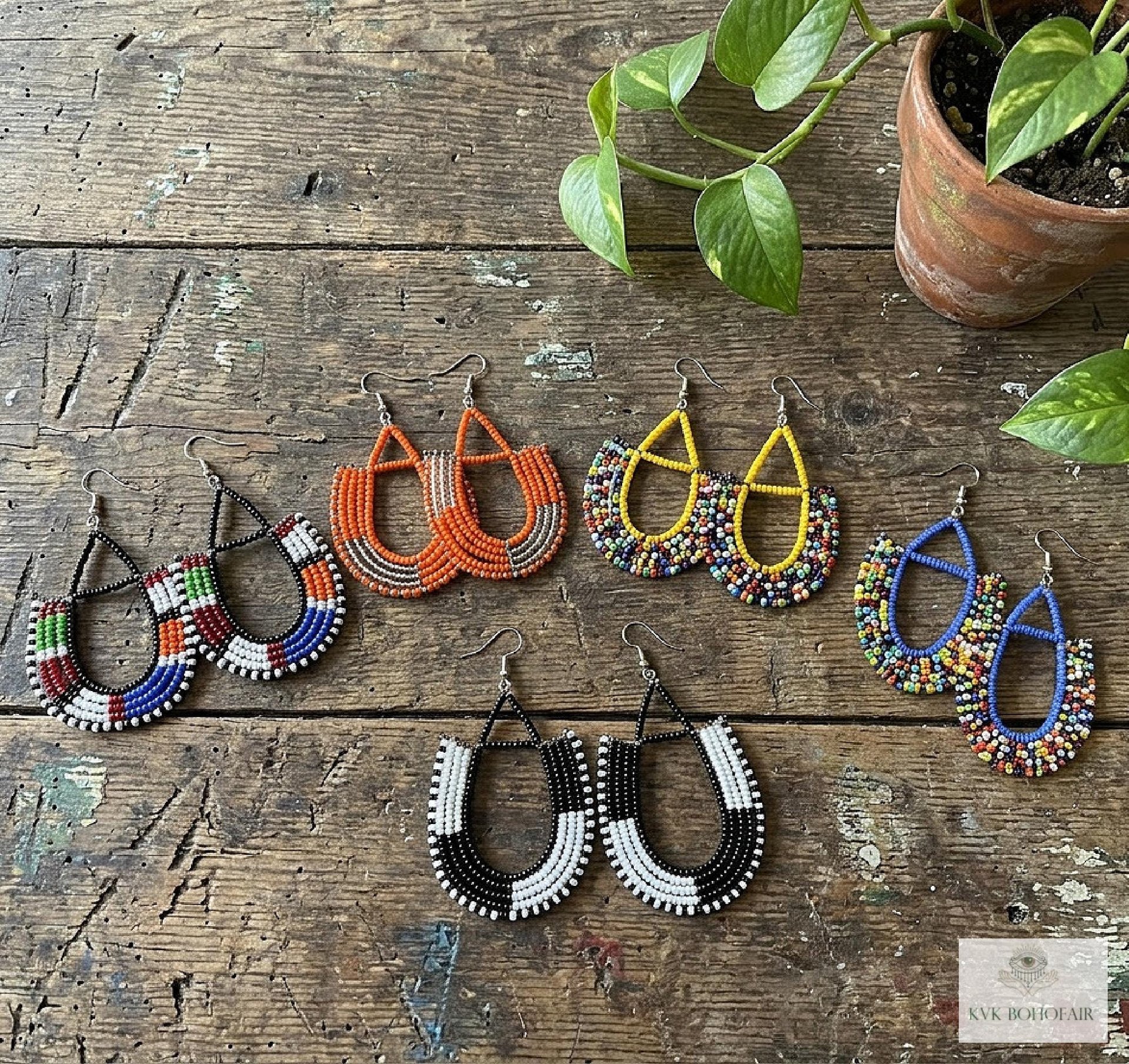 Maasai Beaded Dangle Earrings, Colorful Geometric African Drops, Stainless Steel Hook Jewelry