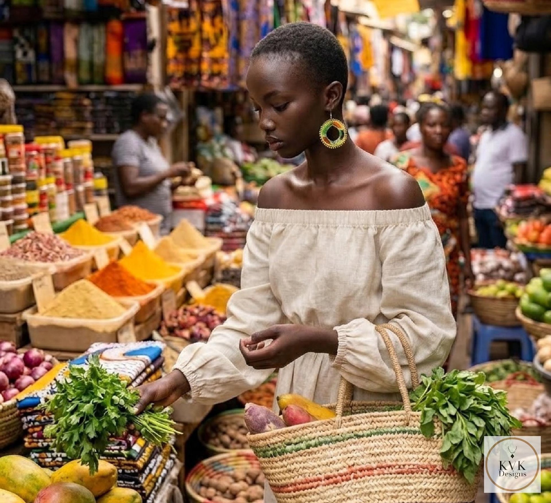 A woman in an off-shoulder dress and colorful beaded earrings featuring circular designs in black, yellow, orange, green, and white shops for fresh herbs at a busy, colorful market filled with spices, vegetables, and other produce. She holds a woven basket. Other shoppers and vendors are visible in the background.