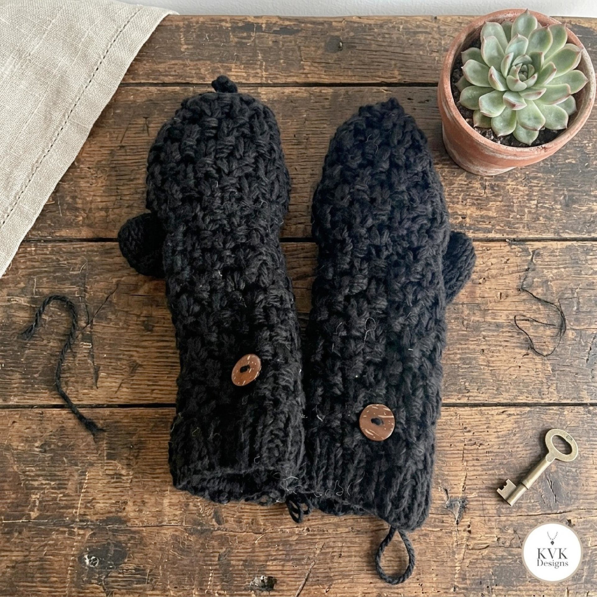 Hand-Knit Black Wool Mittens with Wooden Buttons - Convertible Fingerless Gloves