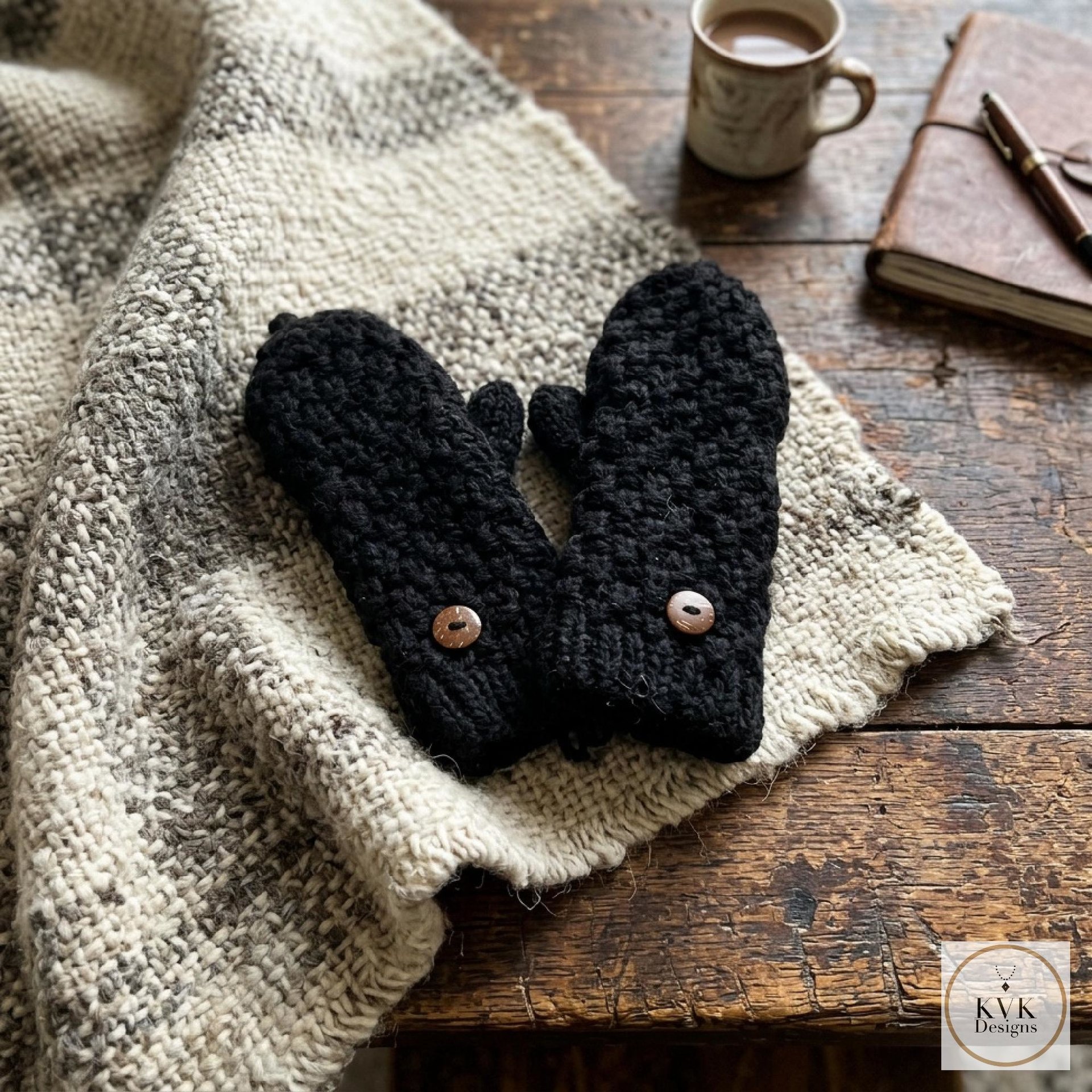 Hand-Knit Black Wool Mittens with Wooden Buttons - Convertible Fingerless Gloves