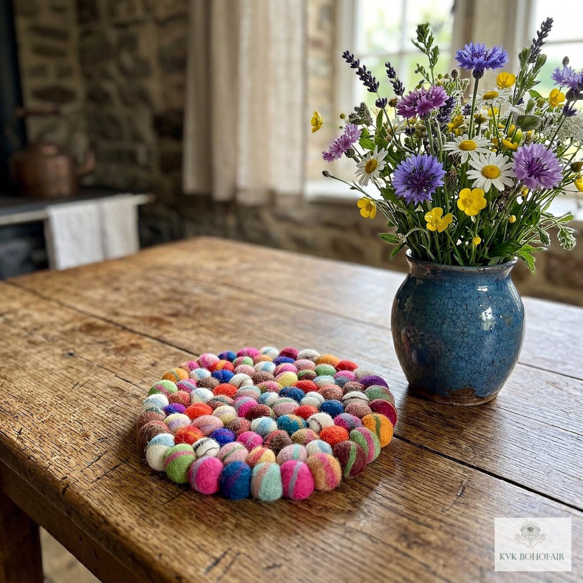 Colorful Wool Felt Ball Trivet, Boho Kitchen Hot Pad, Handwoven Table Pot Holder
