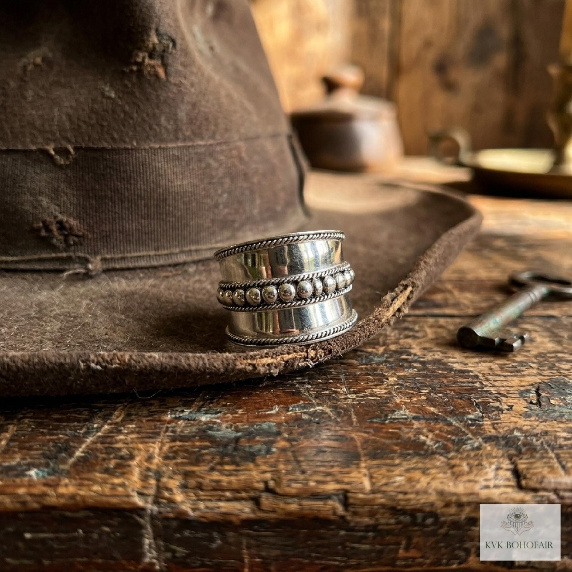 Sterling Silver Wide Band Ring: Boho Dot Detail, Handmade