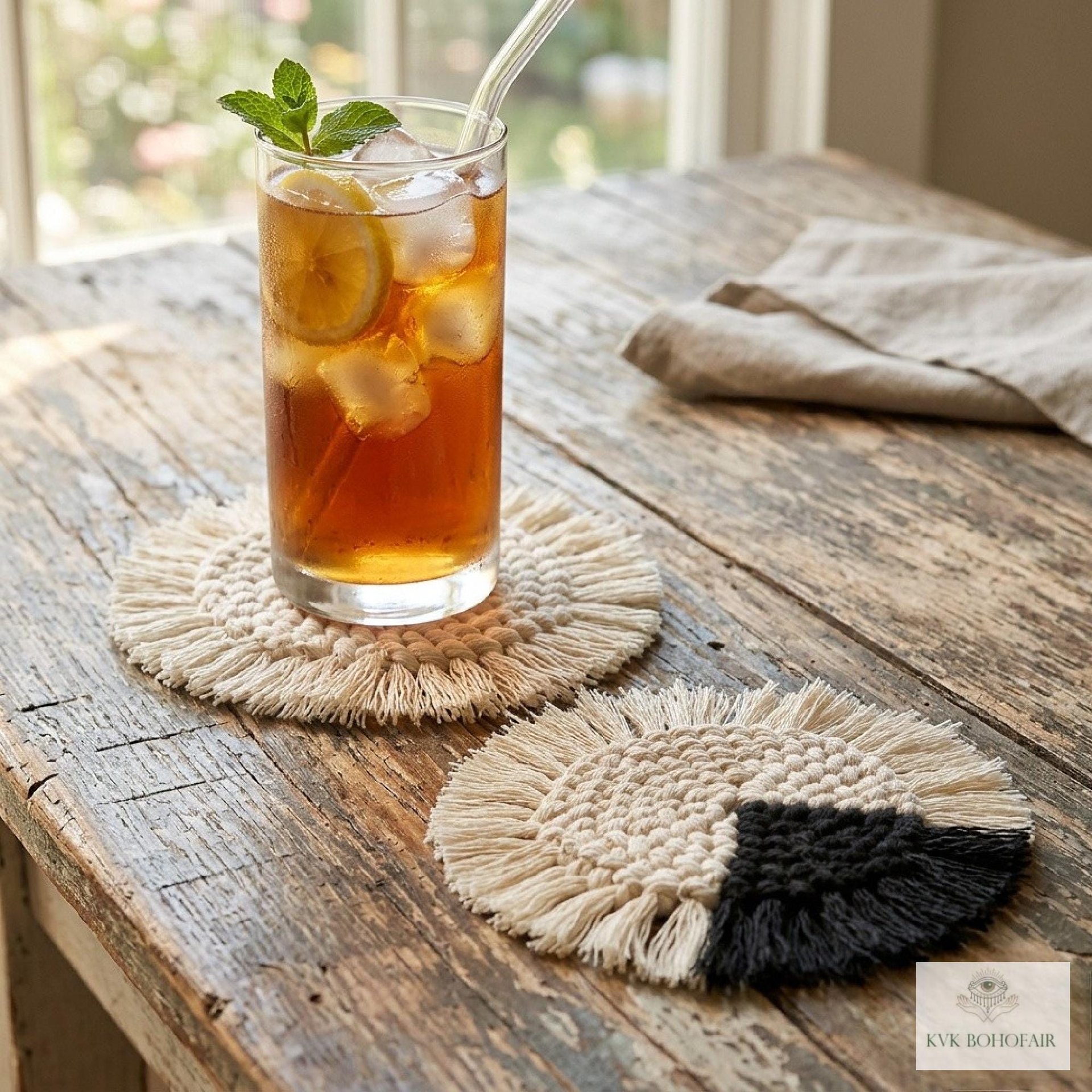 Boho Macrame Coasters - Handmade Drink Coasters, Set of 4, Eco-Friendly