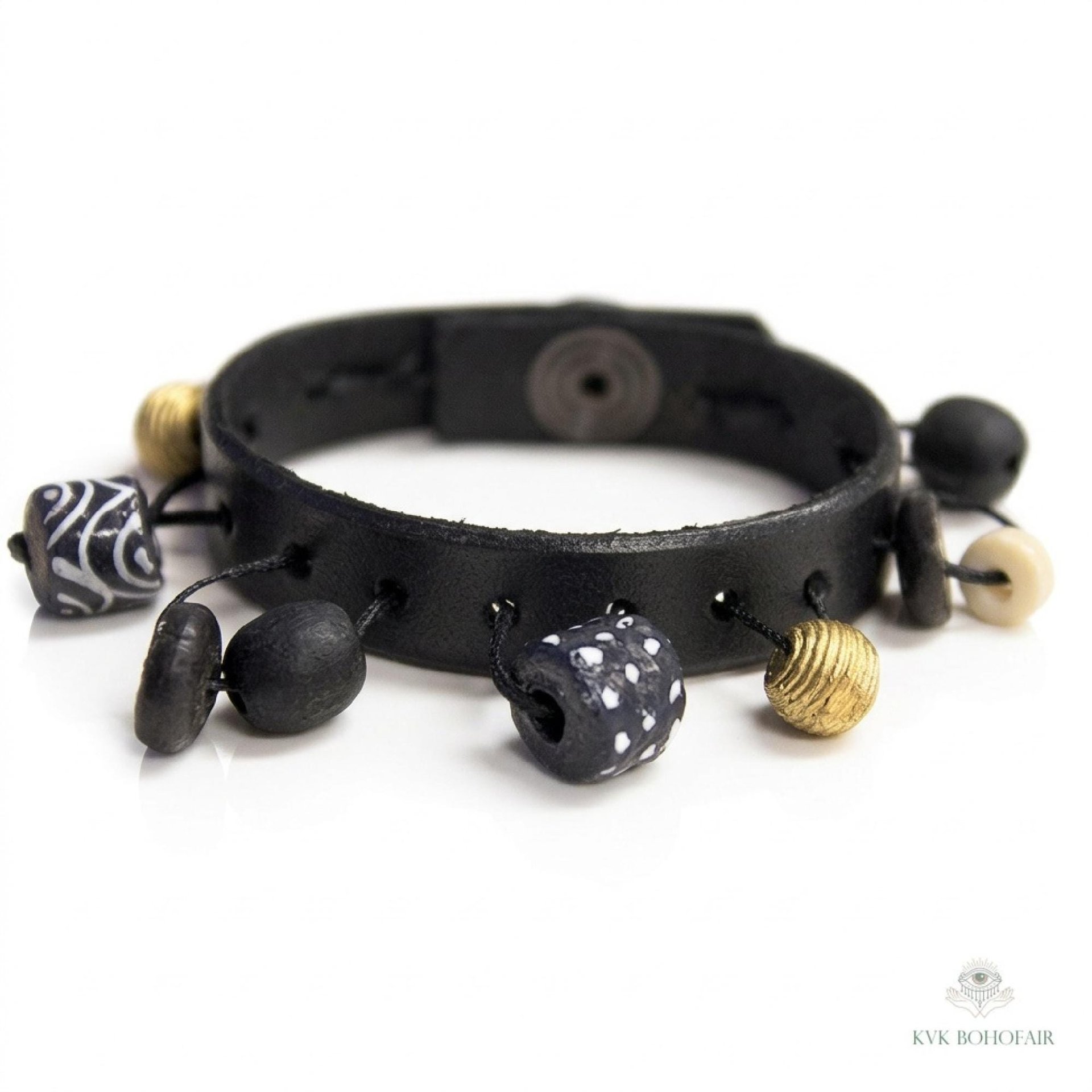 Handcrafted Boho Leather Cuff with Brass and Glass Beads - Hippie Fashion, Bohemian Jewelry