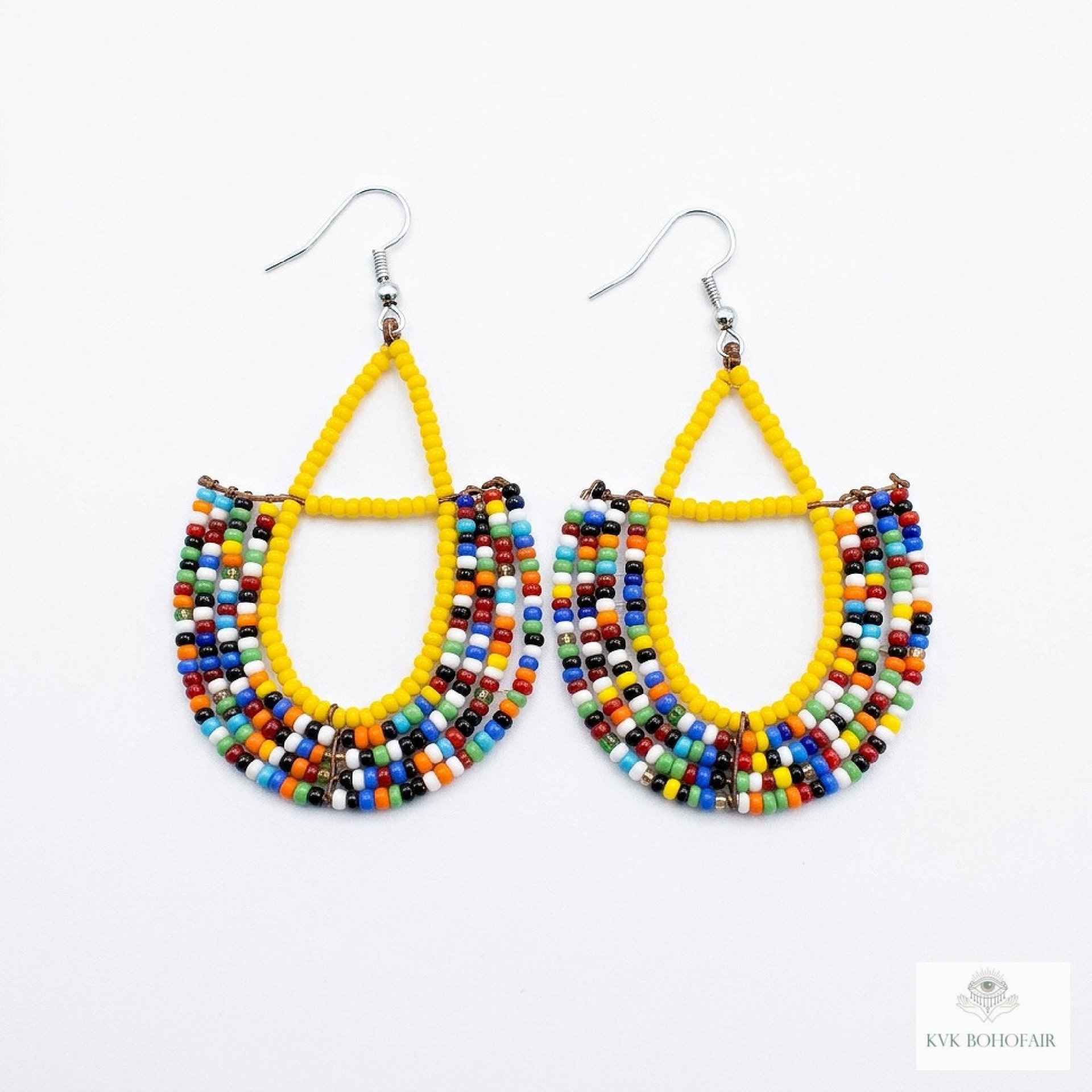 Maasai Beaded Dangle Earrings, Colorful Geometric African Drops, Stainless Steel Hook Jewelry