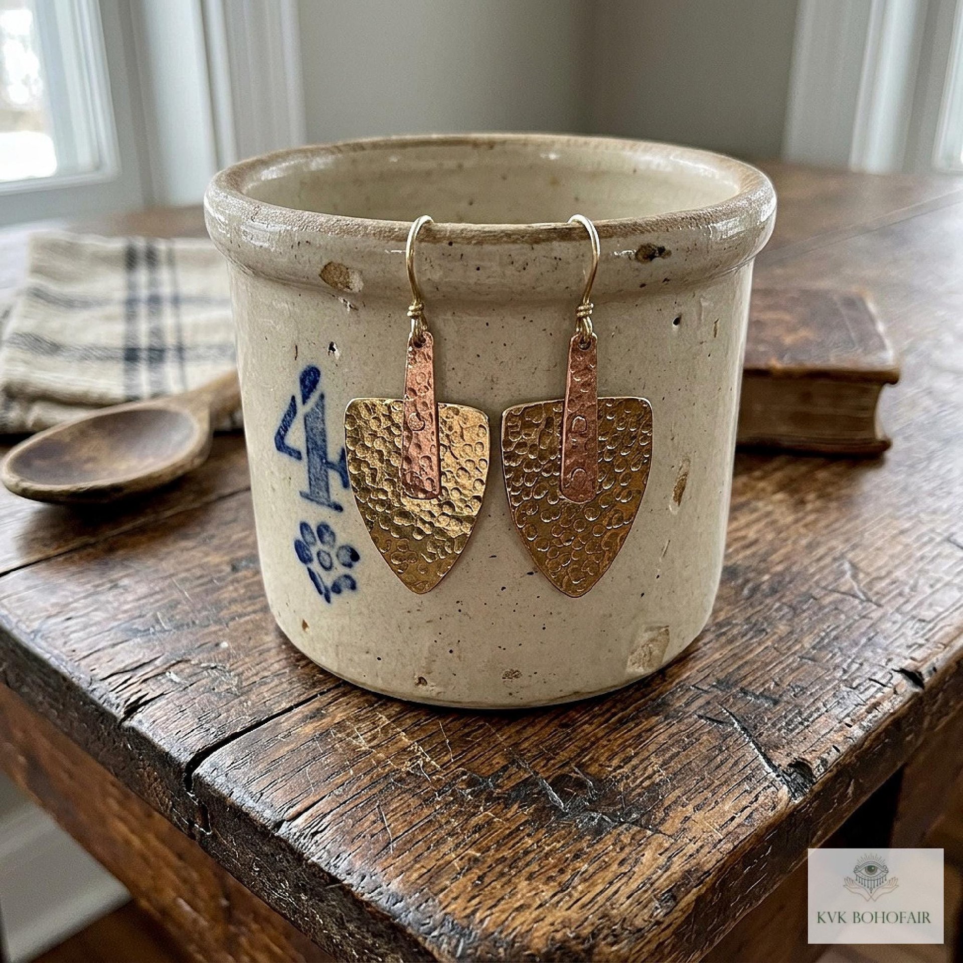 Mixed Metal Hammered Arrowhead Earrings – Handcrafted Brass and Copper Design