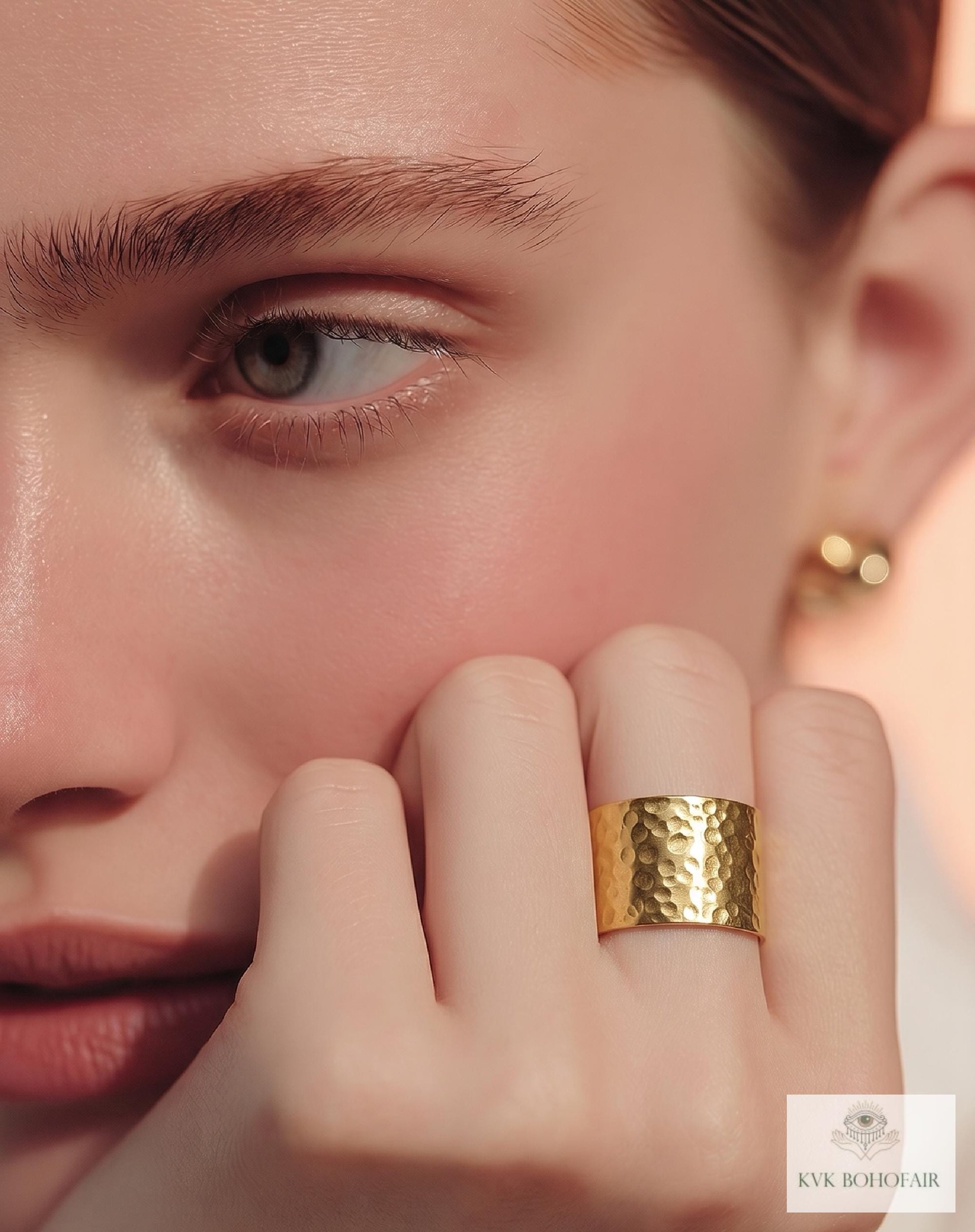 Artisan Hammered Wide Band Brass Ring – Handmade Open Cuff Statement Ring