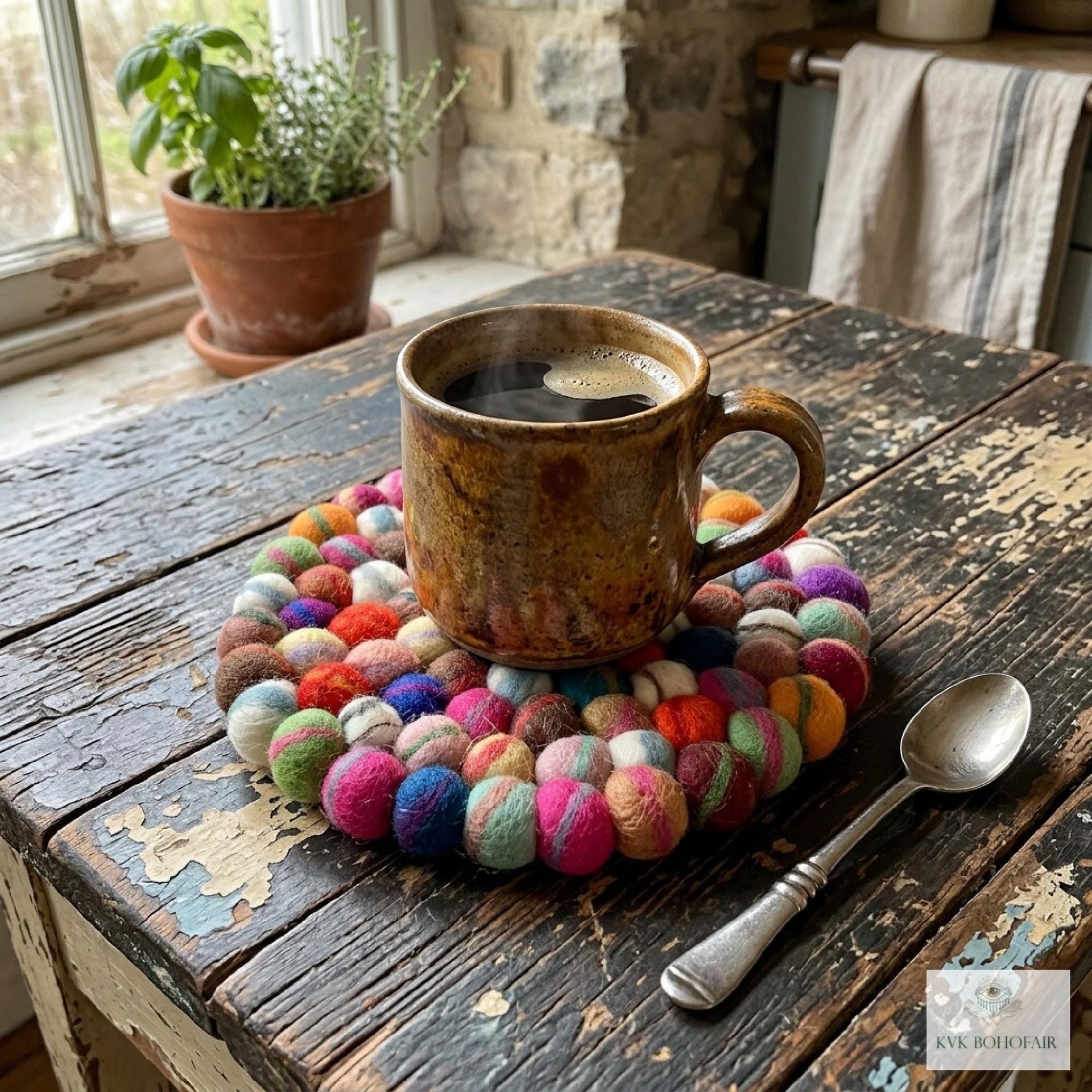 Colorful Wool Felt Ball Trivet, Boho Kitchen Hot Pad, Handwoven Table Pot Holder