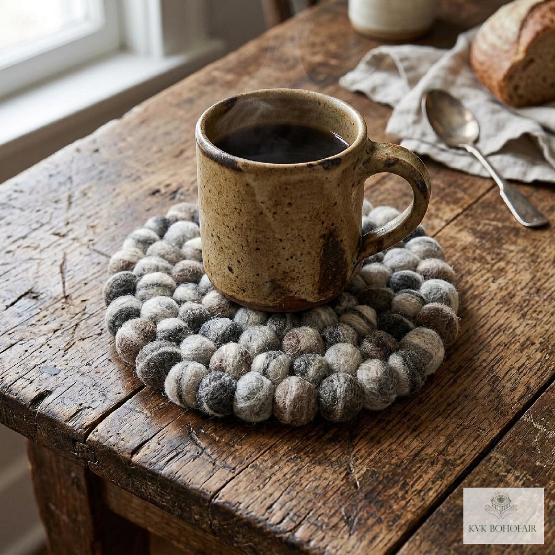 Mixed Gray Wool Felt Ball Trivet, Boho Kitchen Hot Pad, Coaster Table Pot Holder